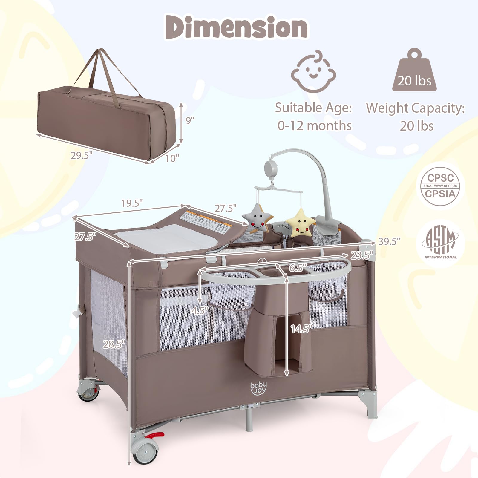 BABY JOY 5-in-1 Portable Baby Playard with Bassinet & Diaper Changer | Safe Bedside Sleeper for Newborn to Toddler | U-Shaped Changing Station, Side Zipper Entrance & Safety Strap | Coffee | Perfect for Nursery, Travel & Co-Sleeping