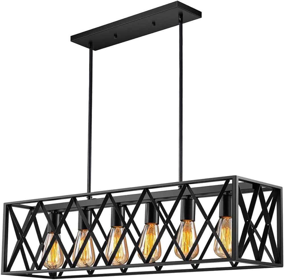 6-Light Modern Farmhouse Chandelier - Industrial Black Rectangular Pendant Light Fixture for Dining Room, Kitchen, Living Room & Bar | Rustic Ceiling Lighting for Home Decor & Commercial Spaces