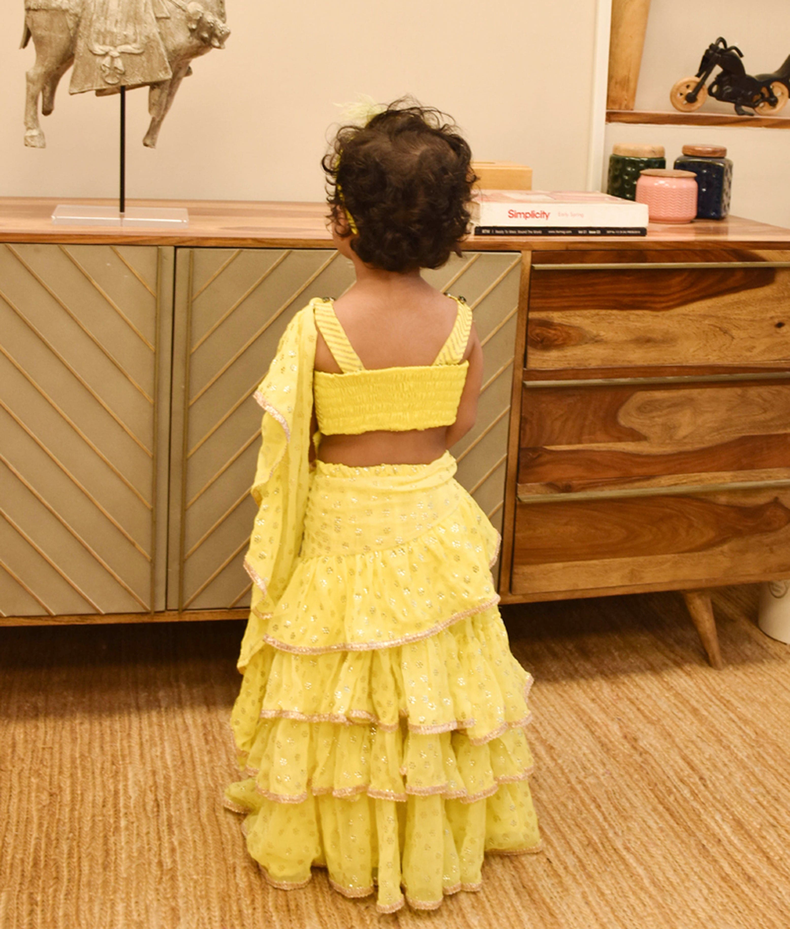Yellow Sequin Foil Printed Saree for Girls - Pre Order Now | Indian Party Wear Saree for Festivals, Weddings & Special Occasions