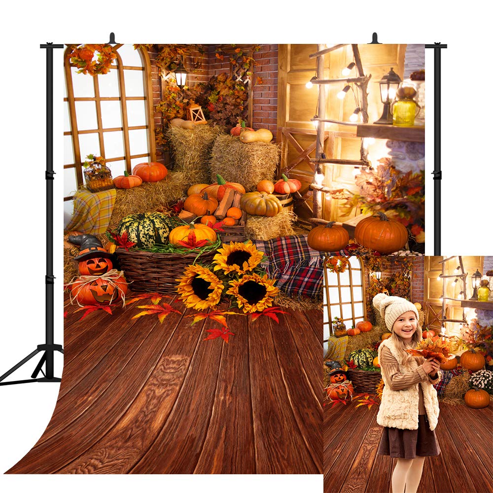 6x8FT Thanksgiving Halloween Fall Photo Backdrop - Pumpkin Vinyl Background with Wooden Floor, Barn, Autumn Pumpkins, Maple Leaves & Sunflowers for Kids Parties, Family Portraits & Seasonal Decorations (SCO195B)