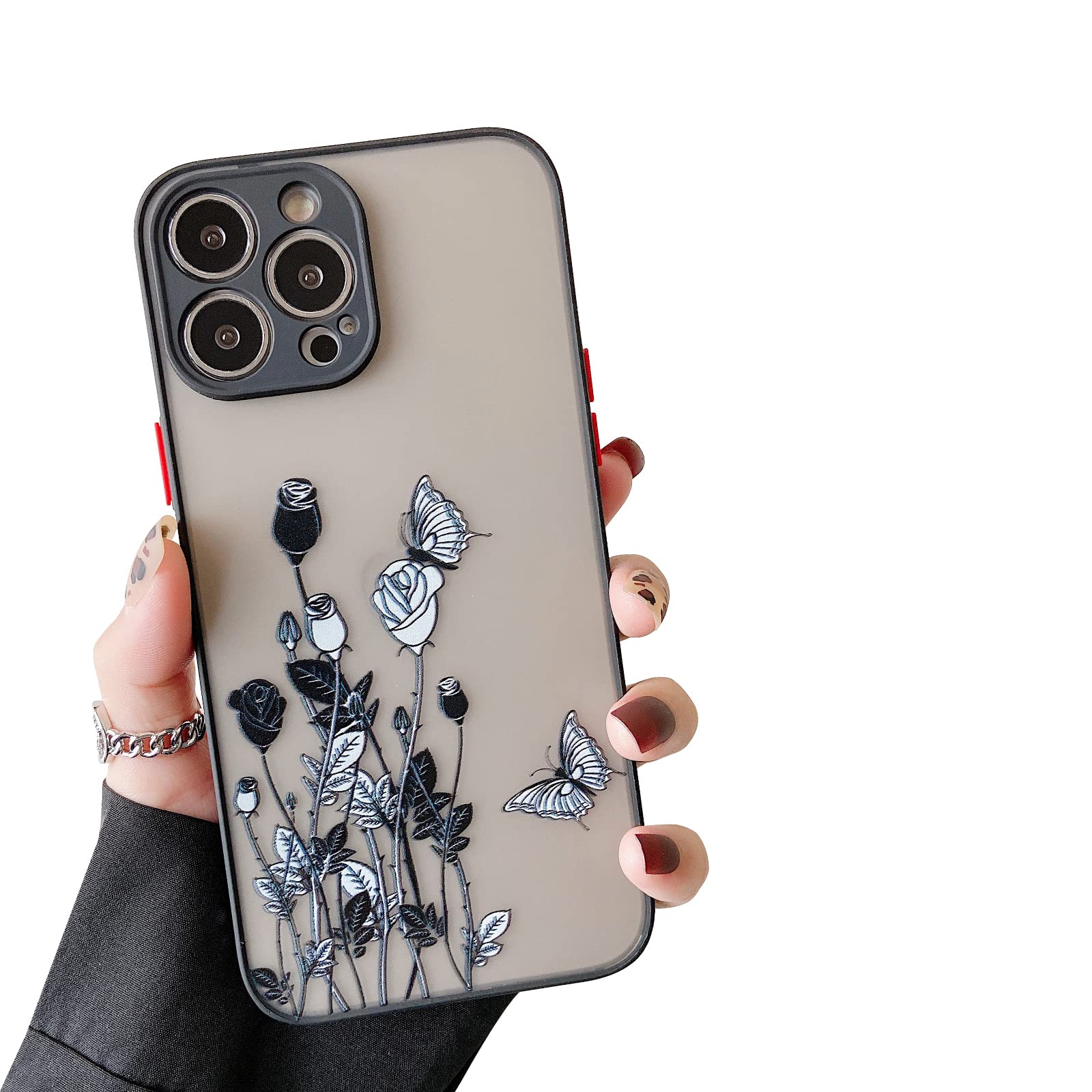 ZTOFERA iPhone 13 Pro Max Case (6.7 Inch) - Cute Floral Butterfly Rose Design, Matte Anti-Scratch Clear Black Protective Cover | Shockproof & Lightweight | Perfect for Everyday Use, Travel & Outdoor Activities