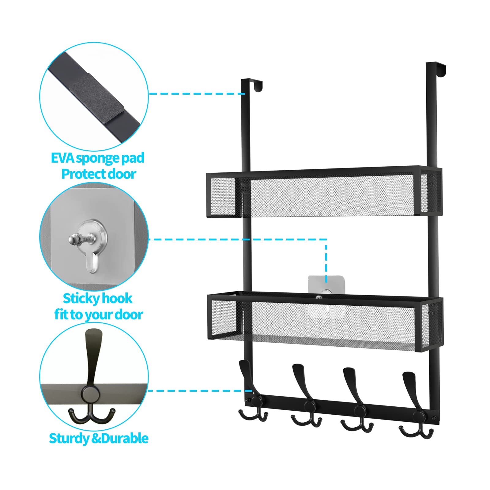 Over The Door Hooks Organizer - 12 Hooks & 2 Mesh Baskets Space Saving Coat Rack - Heavy Duty Door Storage for Bathroom, Bedroom, Kitchen, Office (Black) - Perfect for Organizing Towels, Hats, Scarves & Kitchen Utensils
