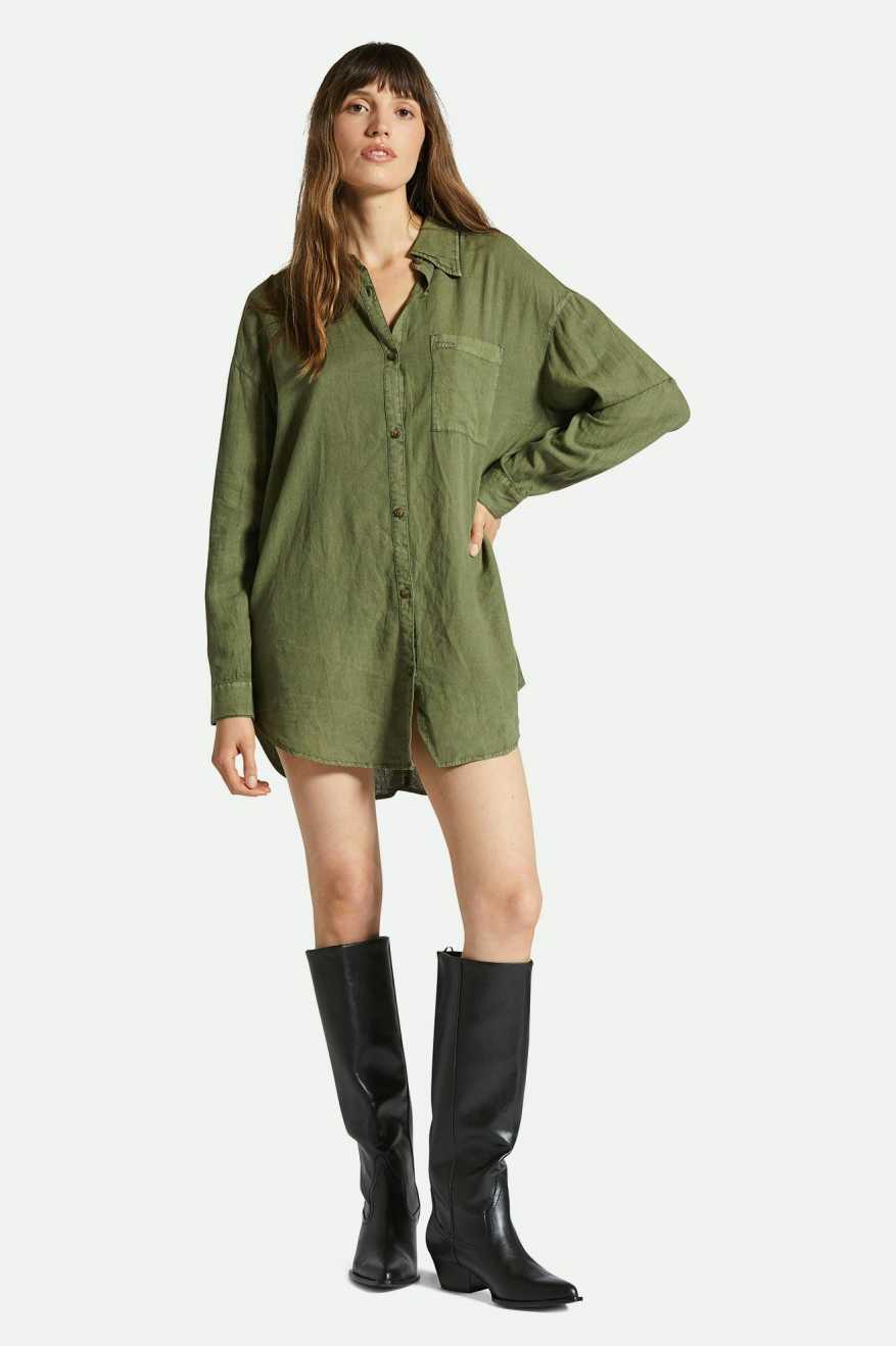 Vintage Linen Long Sleeve Woven Shirtdress in Sea Kelp Green - Casual Boho Chic Dress for Women, Perfect for Beach Outings and Summer Travel