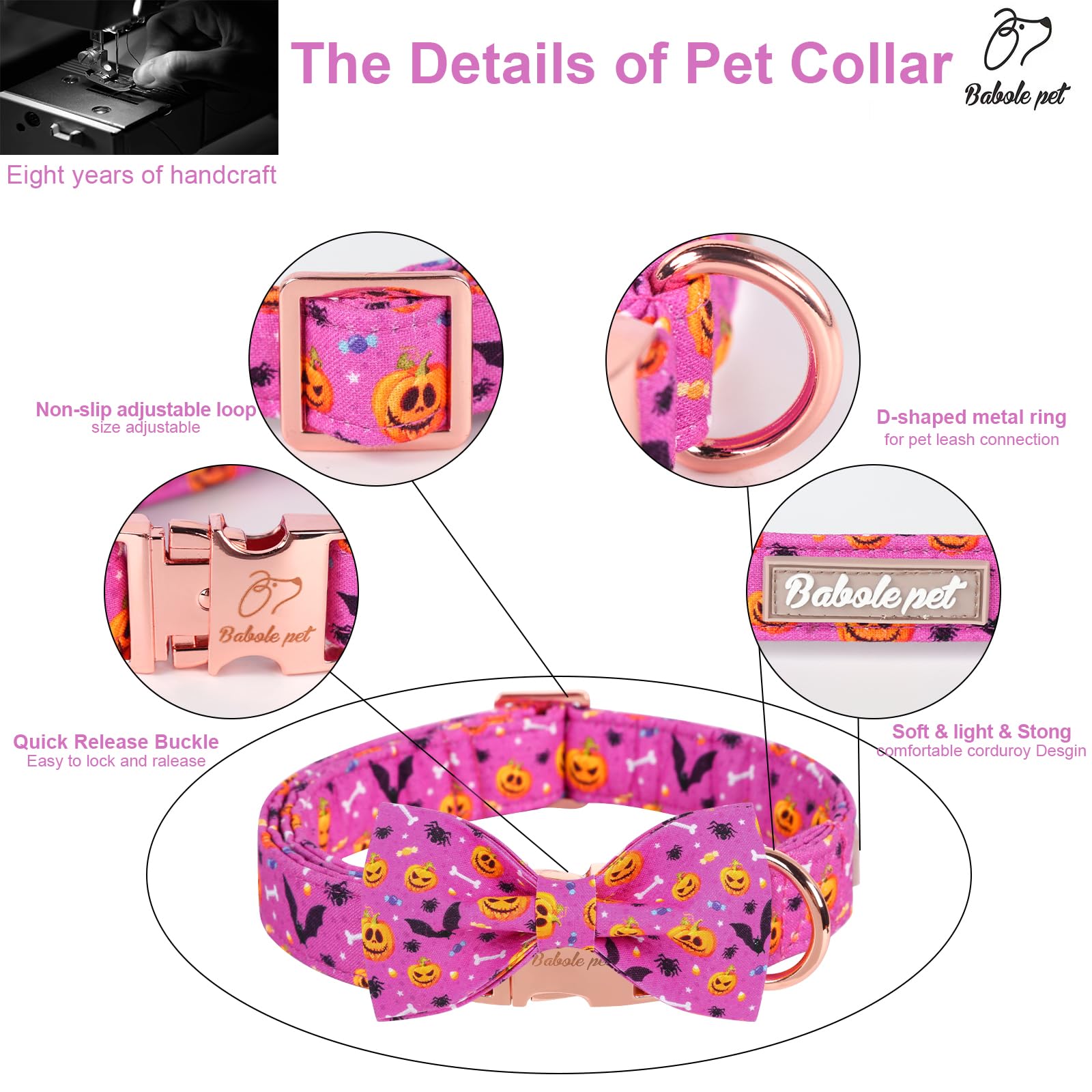 Halloween Dog Collar - Purple Pumpkin Bat Pattern Bow Tie Collar with Metal Buckle, Adjustable 16-26 Inch for Large Dogs | Perfect for Halloween Costumes & Pet Parties
