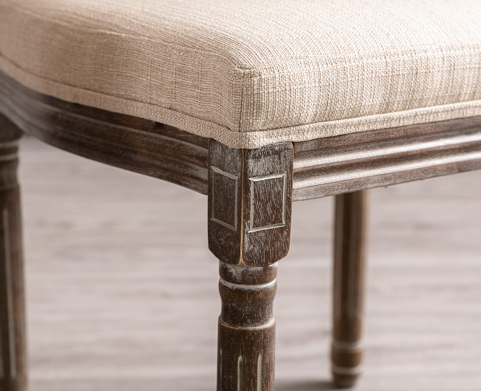 Kmax Farmhouse Dining Chairs Set of 2 - Brown Wooden Legs with Elegant Tufted Beige Fabric & Distressed Round Back - Perfect for Kitchen, Dining Room, Bedroom or French Country Decor