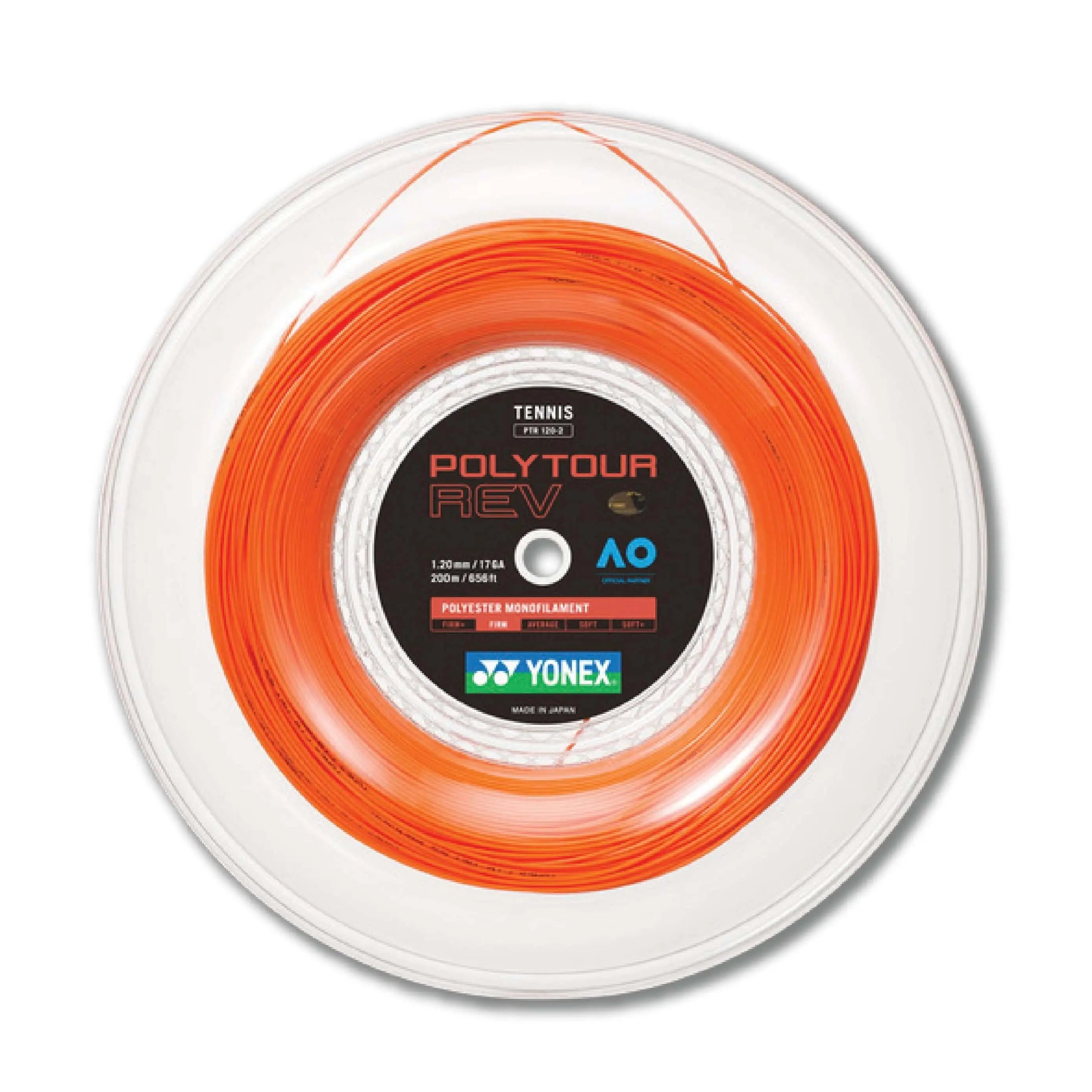 Yonex Polytour Rev 120/17 200m Tennis String Reel - Bright Orange | High-Performance Polyester String for Tennis Rackets | Perfect for Competitive Play & Stringing Services