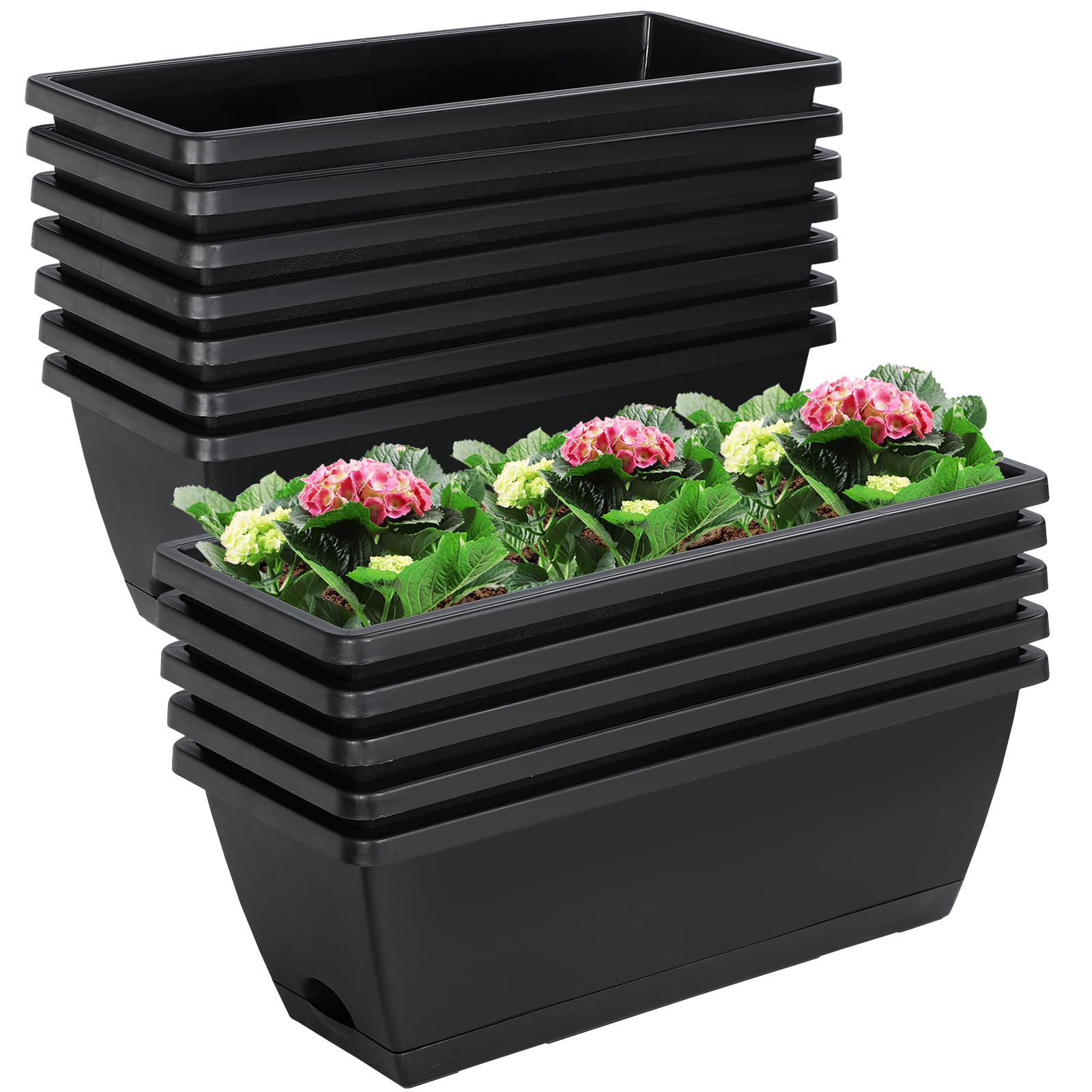 12Pcs 17-Inch Rectangle Plastic Planter Box with Drainage Holes & Trays - Indoor Outdoor Flower Pots for Patio, Garden, Home Decor, Porch, Yard - Perfect for Herbs, Succulents & Small Plants (Black)