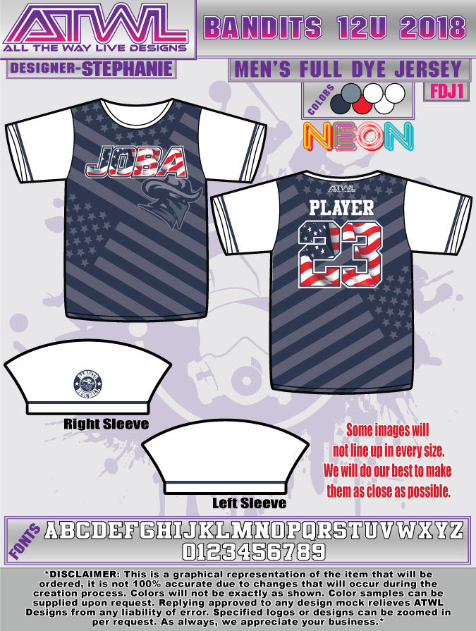 Bandits 12U Full Dye Baseball Jersey - Youth Team Uniform for Fall Season - Perfect for Little League Games & Tournament Play