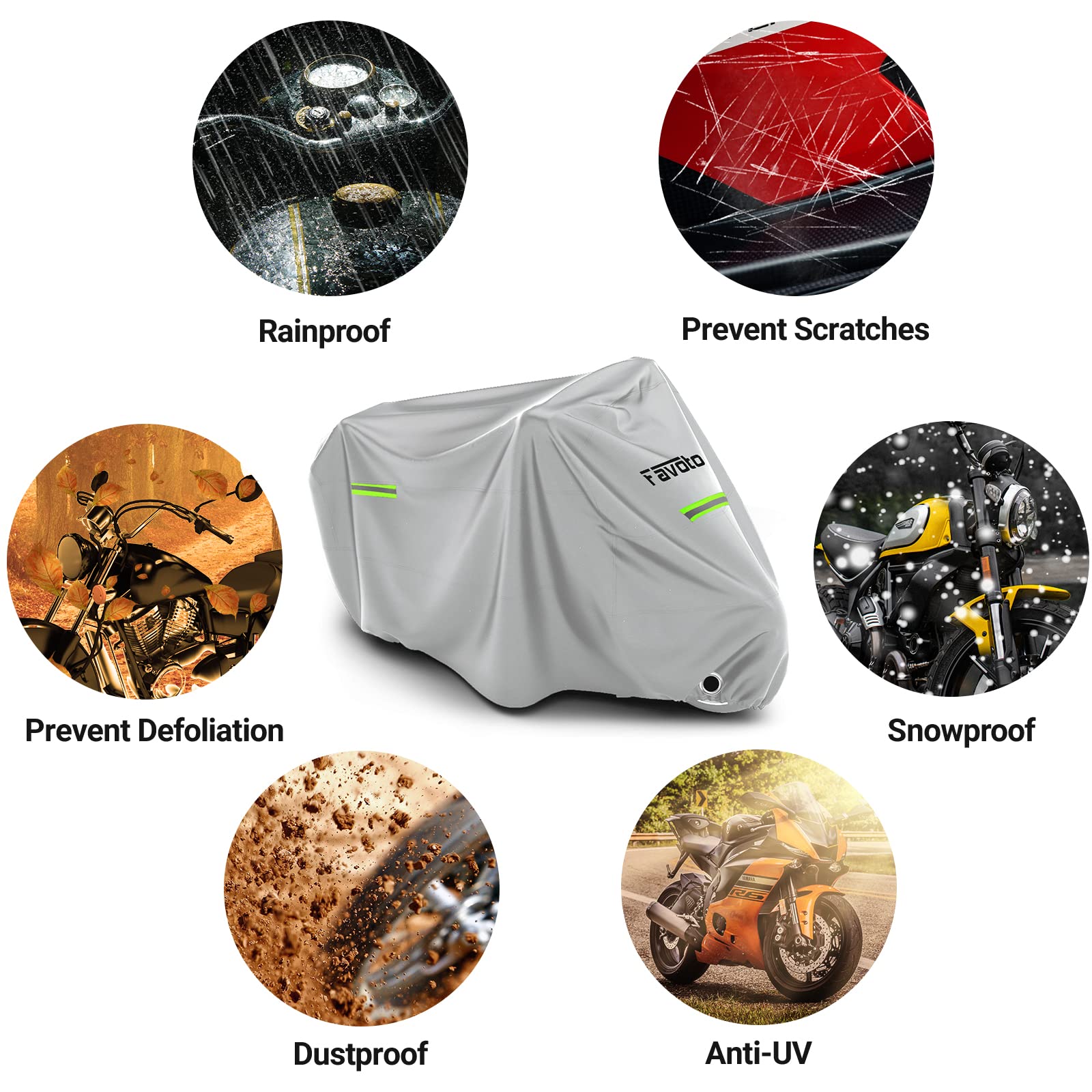 Favoto Waterproof Motorcycle Cover - UV Protection, Windproof with Reflective Strips & Buckle Lock | Storage Bag Included | Fits 104 Inch Bikes | Ideal for Outdoor Parking, Travel & Long-Term Storage (Cool Silver)
