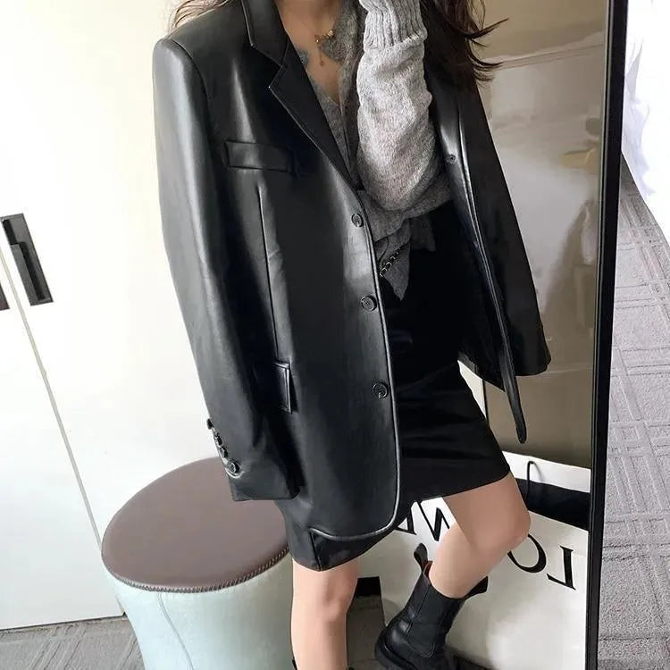 Oversized Leather Blazer for Women - Fashionable Runway Style Plain Solid Coat - Perfect for Office, Date Night & Casual Outings