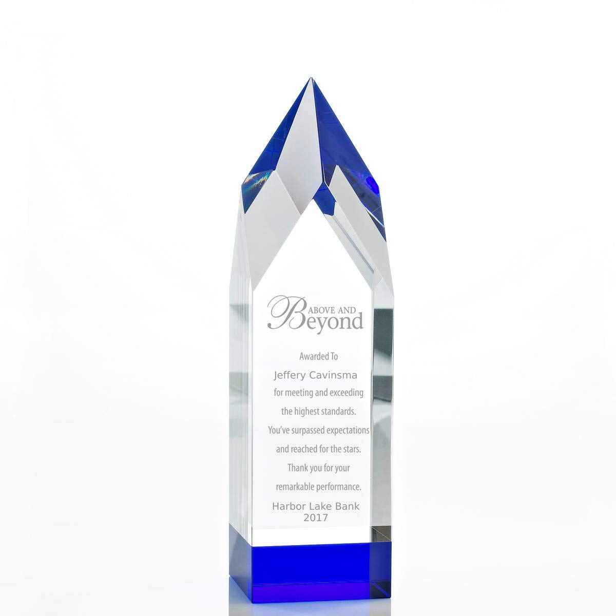 Baudville Engraved Crystal Trophy with Blue Base - Custom Employee Award with Personalized Engraving - Gift Box Included - Perfect for Recognition Ceremonies, Work Anniversaries & Achievement Awards