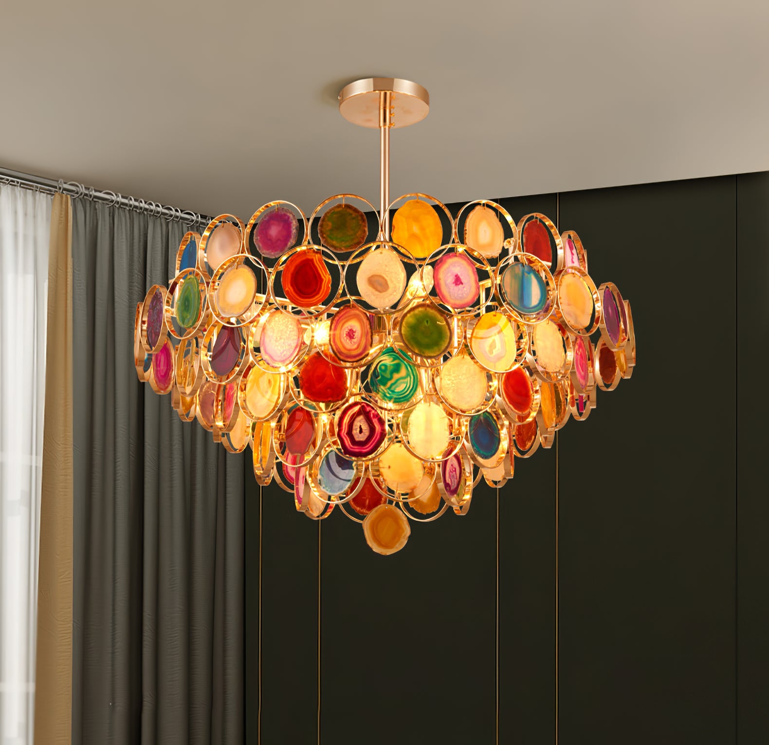 Natural Carnelian Gemstone Chandelier - Handcrafted Bohemian Crystal Beaded Ceiling Light Fixture for Living Room, Dining Room & Bedroom Decor