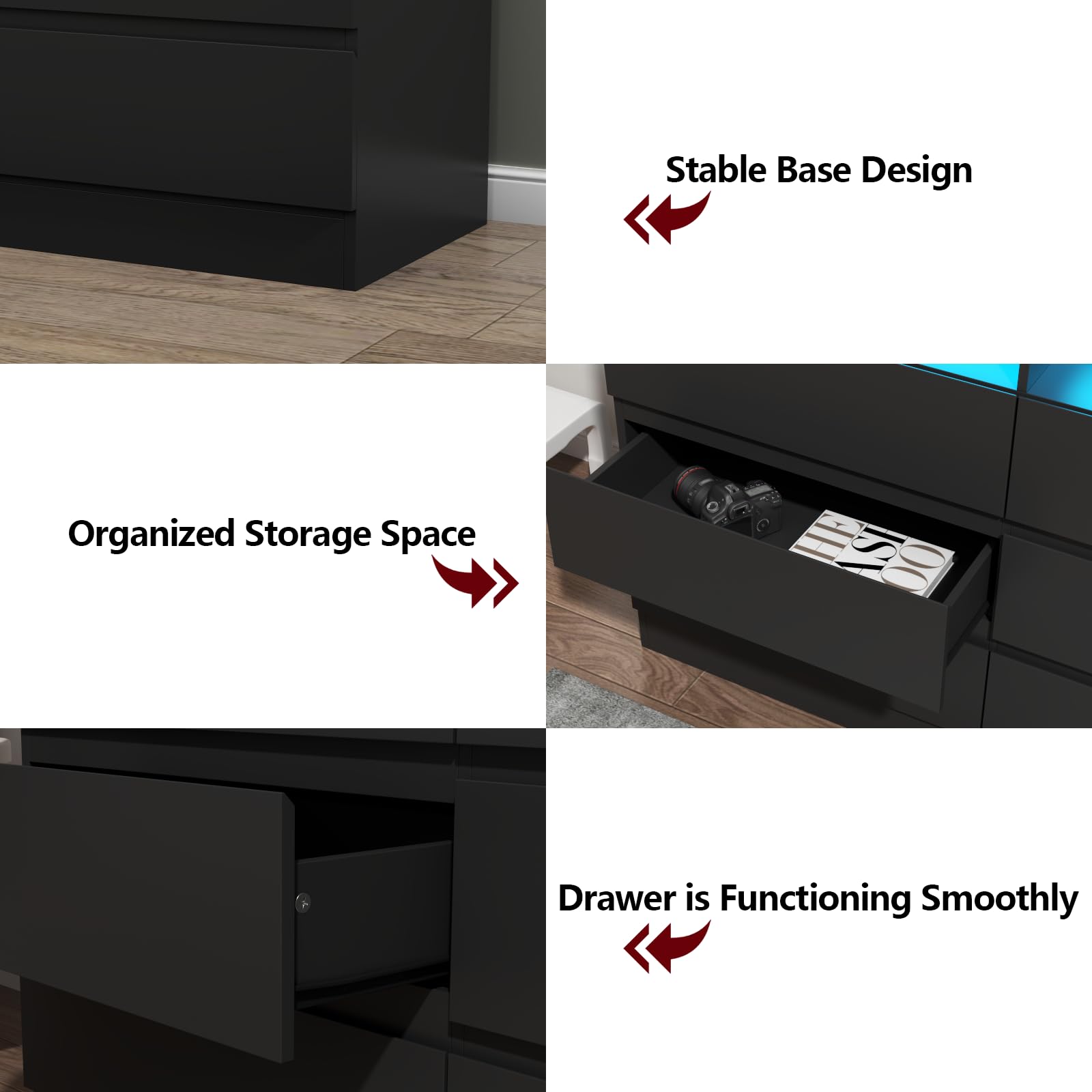 9-Drawer Dresser with Power Outlet & LED Lighting - Modern Large Storage Cabinet with Handles, Free Drawers for Bedroom, Closet & Living Room - Perfect for Organizing Clothes, Accessories & Home Decor (Black)