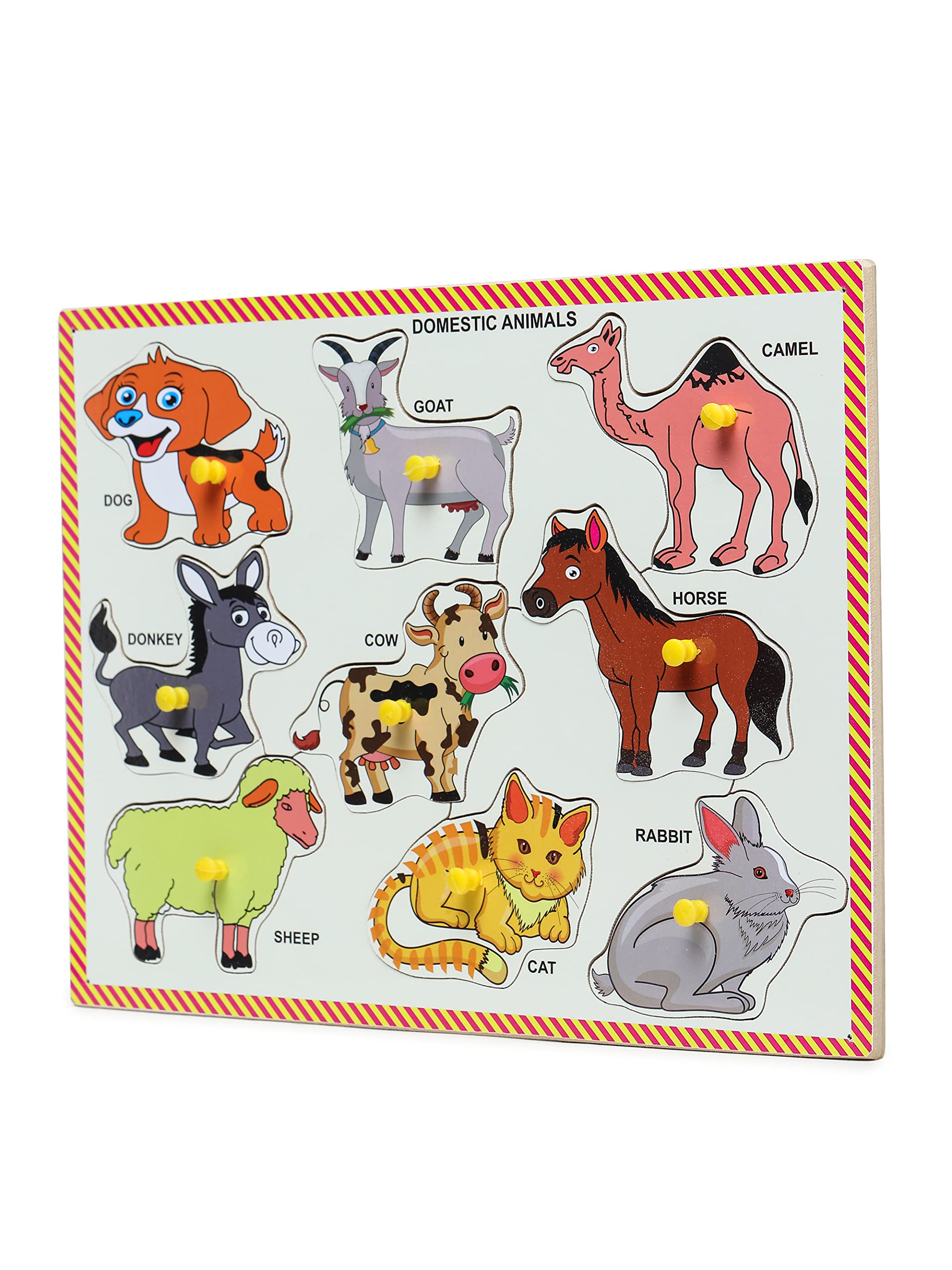 Premium Pine Wood Pegged Puzzle Board - Colorful Educational Toy for Toddlers Ages 2+ | Domestic Animals Theme with Knobs (9x12 Inch) - Perfect for Early Childhood Learning & Montessori Classroom Activities