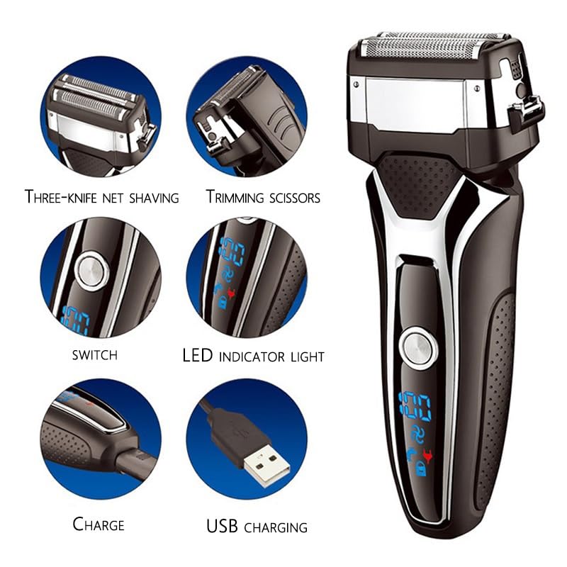 Premium Electric Razor for Men - Wet & Dry Rechargeable Shaver with 3-Blade System, Facial Hair & Beard Trimmer, Stubble Remover (Stand-Alone Blade) - Perfect for Travel, Gym & Daily Grooming Routine