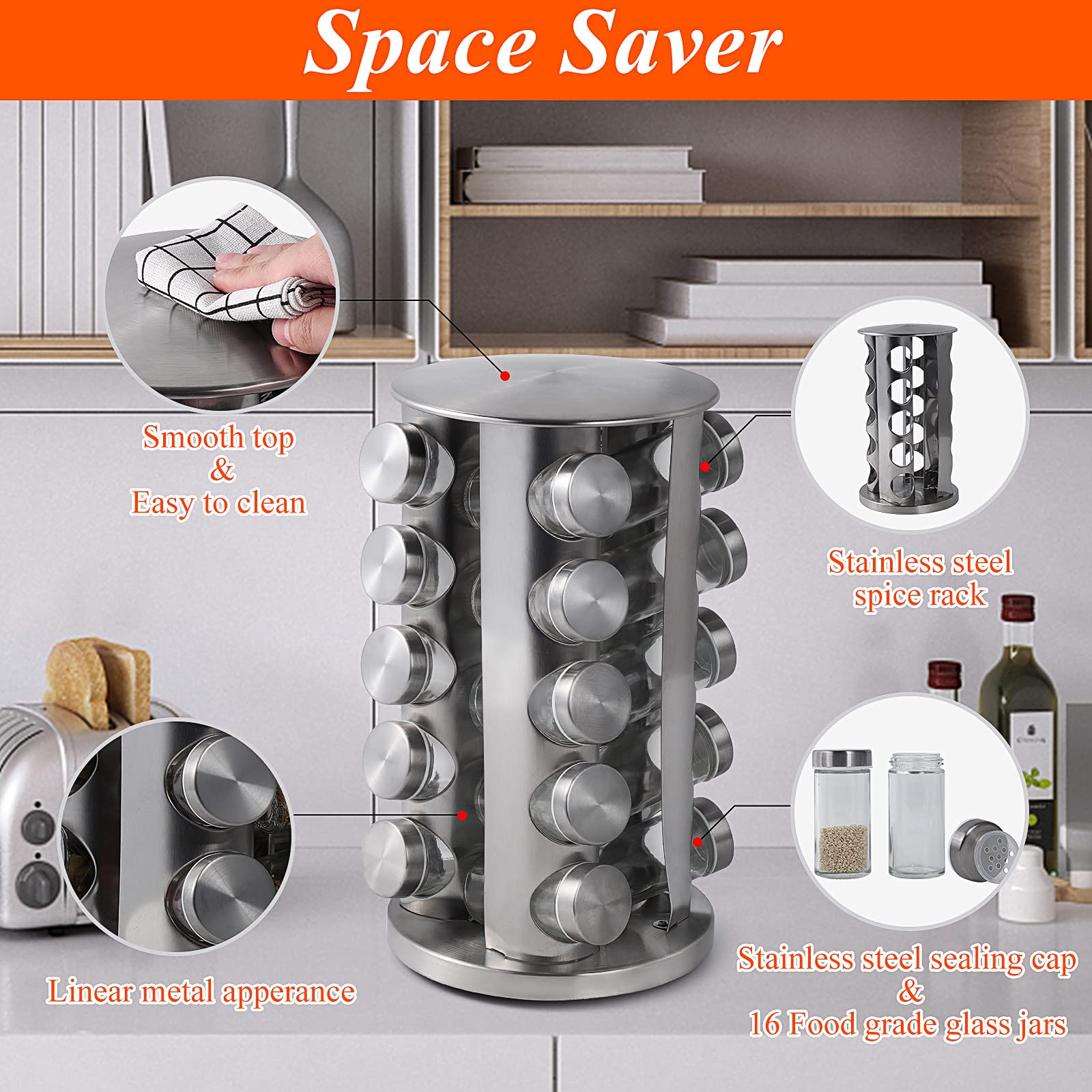 2-Tier Revolving Spice Rack Organizer with 20 Jars & Labels - 360° Rotating Stainless Steel Spice Carousel for Kitchen Countertop or Cabinet Storage - Perfect for Cooking, Baking & Organizing Spices