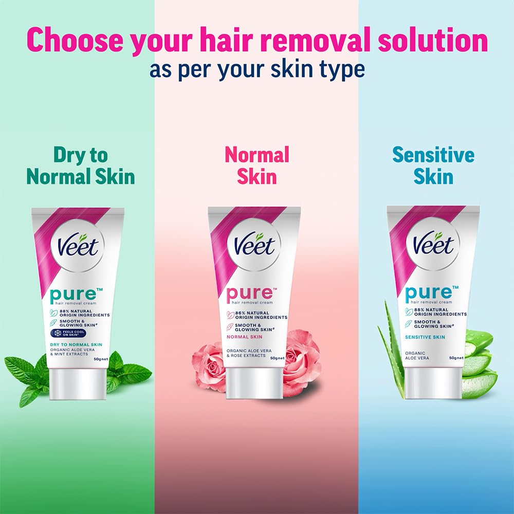 Veet Pure Hair Removal Cream for Women - 50g | Gentle Formula for Dry to Normal Skin | Safe for Legs, Underarms, Bikini Line & Arms | At-Home Hair Removal Solution for Smooth Skin
