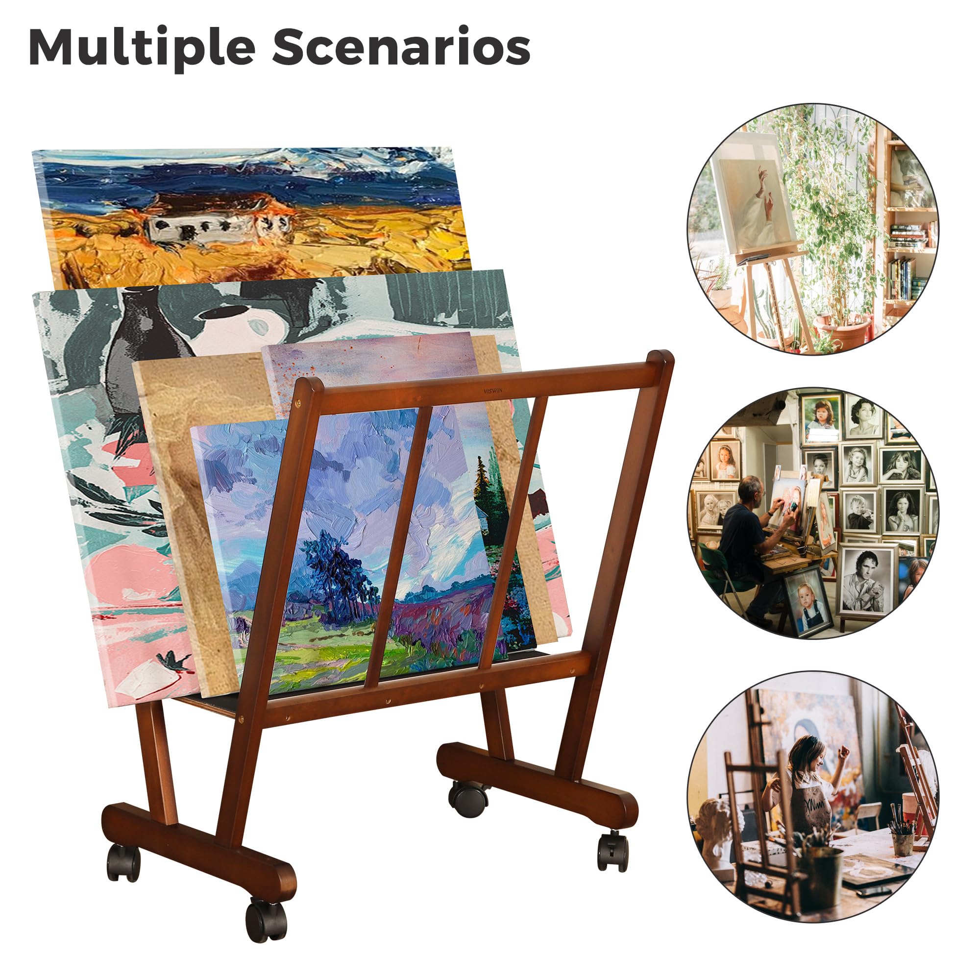 VISWIN Rolling Wooden Print Rack with Casters - Art Storage Organizer for Canvas, Artwork, Prints, Panels & Posters - Drying Rack for Artists, Galleries & Studios - Perfect for Art Shows, Exhibitions & Creative Workspaces