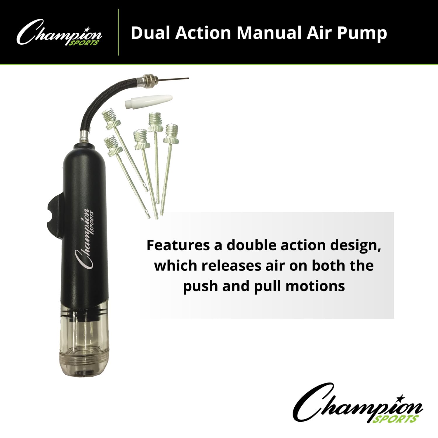 Champion Sports Dual Action Hand Air Pump - Fast Inflation for Balls, Bikes, and Sports Equipment - Perfect for Home, Gym, and Outdoor Activities