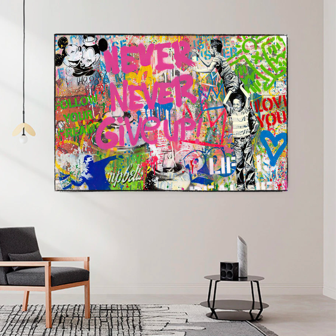 Banksy Never Give Up Canvas Wall Art Print - Inspirational Street Art Poster for Home, Office & Gift Decor