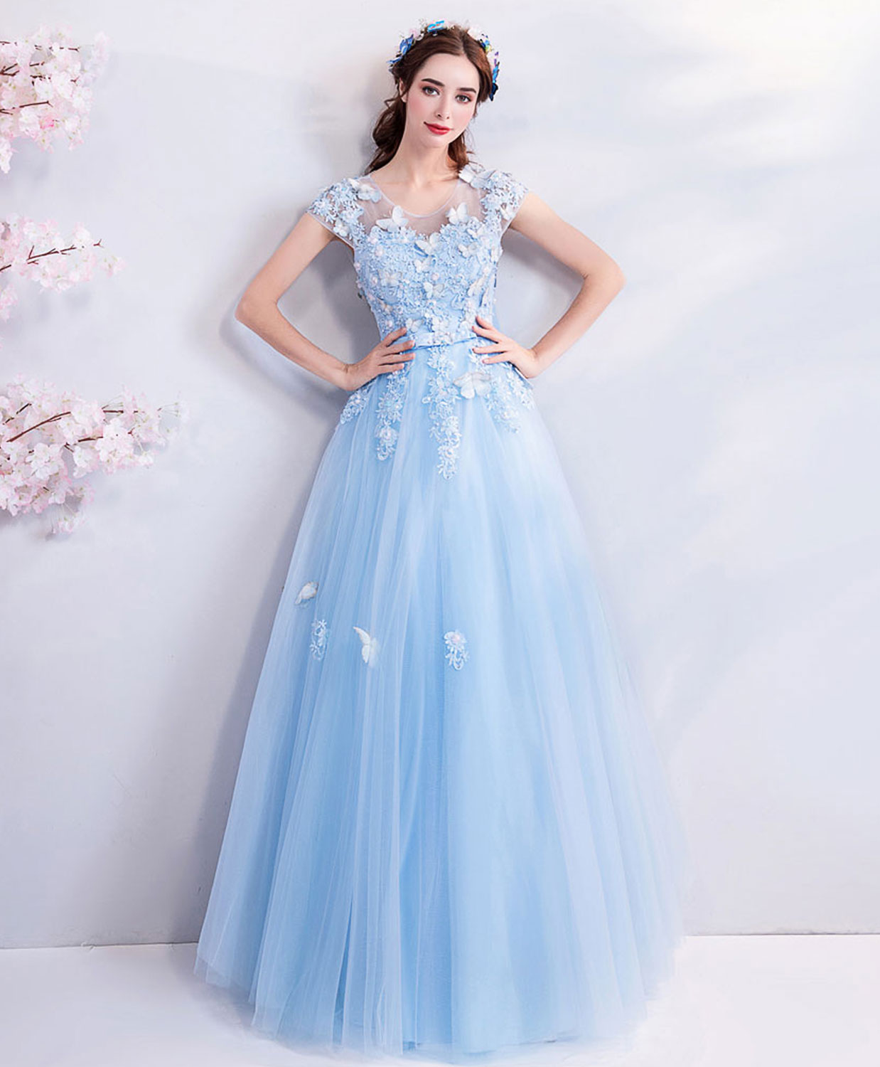 Sky Blue Lace Tulle Long Prom Dress for Women - Elegant Evening Gown for Formal Events, Homecoming, Wedding Guest & Special Occasions