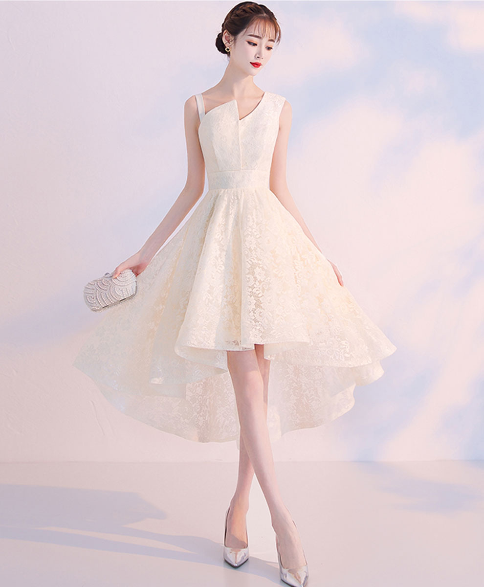 Elegant Champagne High-Low Prom Dress with Lace Details - Perfect for Homecoming, Cocktail Parties & Special Occasions