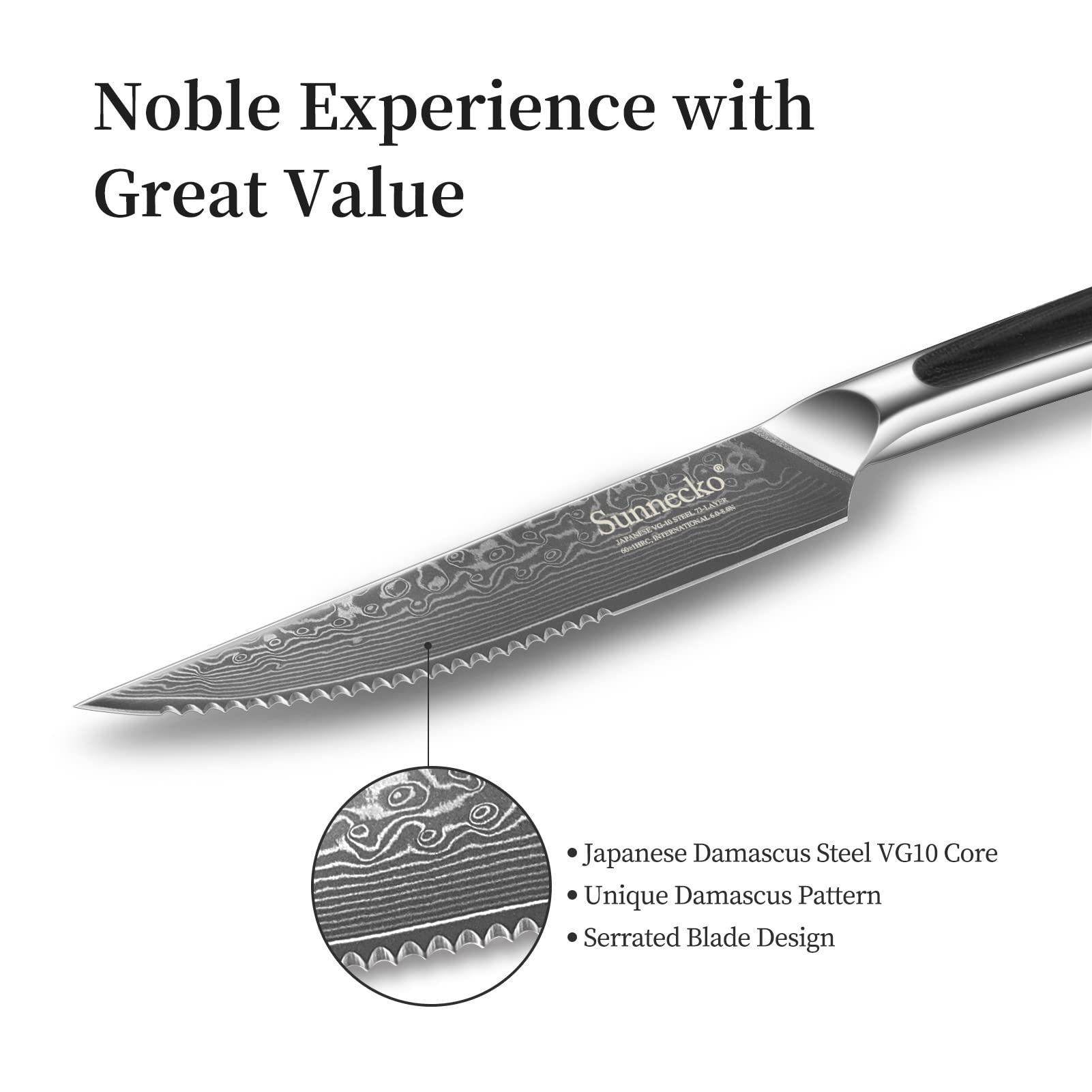 Premium Damascus Steel Steak Knives Set of 4 - Japanese VG10 Stainless Steel, Serrated 5