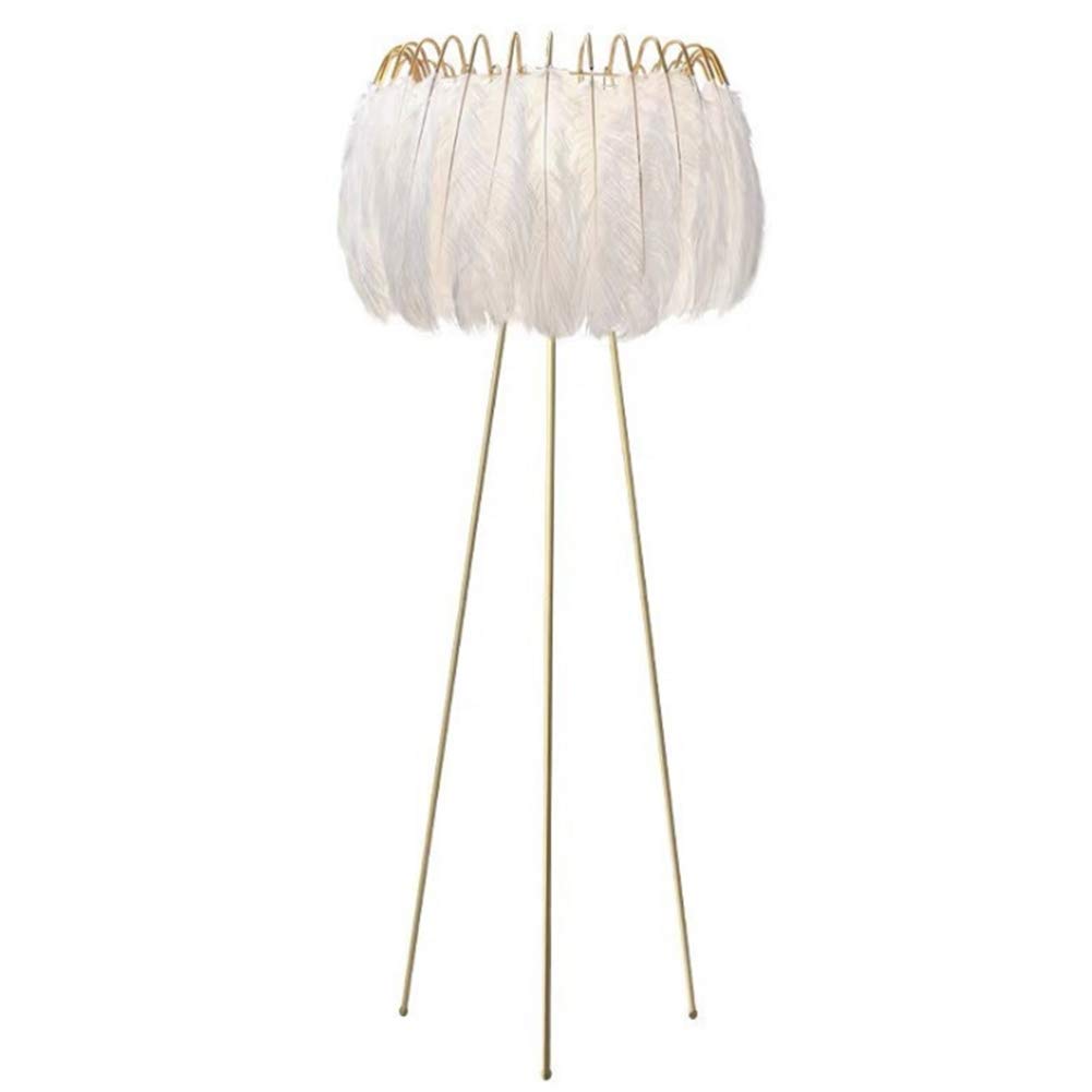 SLRMKK 5FT Feather Tripod LED Floor Lamp - Gold Finish with White Feather Shade, Adjustable Standing Light for Living Room, Bedroom, Office & Reading - Foot Switch Included | Modern Home Decor Lighting