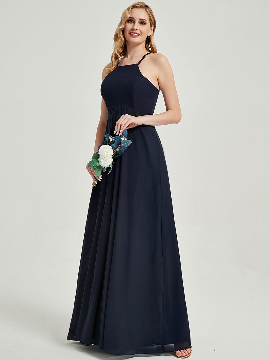 Elegant Dark Navy Halter Sleeveless Empire Waist Pleated Backless Chiffon Bridesmaid Dress for Wedding Party, Formal Occasions & Special Events