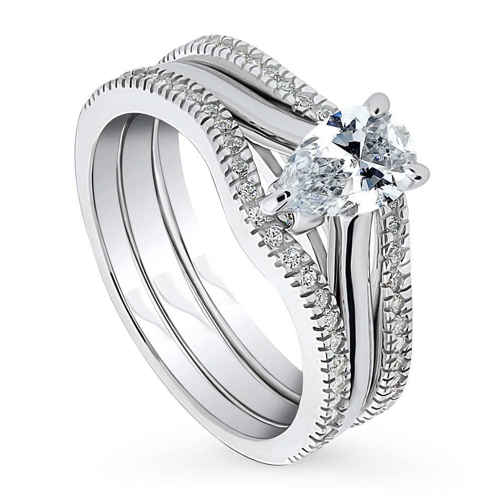 BERRICLE Sterling Silver Pear Cut Cubic Zirconia Solitaire Engagement Ring Set for Women - 0.8 Carat CZ Wishbone Wedding Band, Rhodium Plated, Size 4-10 | Perfect for Proposals, Anniversaries & Bridal Jewelry