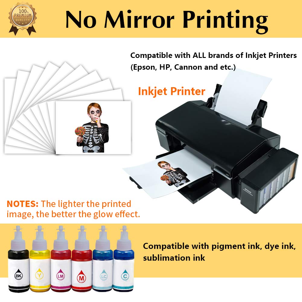 Glow in the Dark Heat Transfer Paper for Dark T-Shirts - 10 Sheets (8.5x11'') - Printable Iron On Transfers for Inkjet Printers - Perfect for DIY Custom T-Shirts, Hoodies & Nighttime Party Apparel