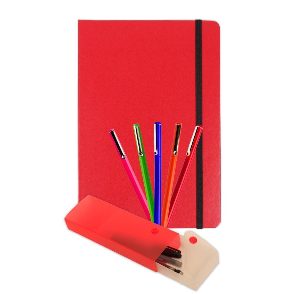 JAM Paper Classroom Assortments - Artist Writer Pack - 5 Fine Point Red Markers, 1 Pen Case, 1 Journal - 7-Piece Set for School, Office & Creative Projects