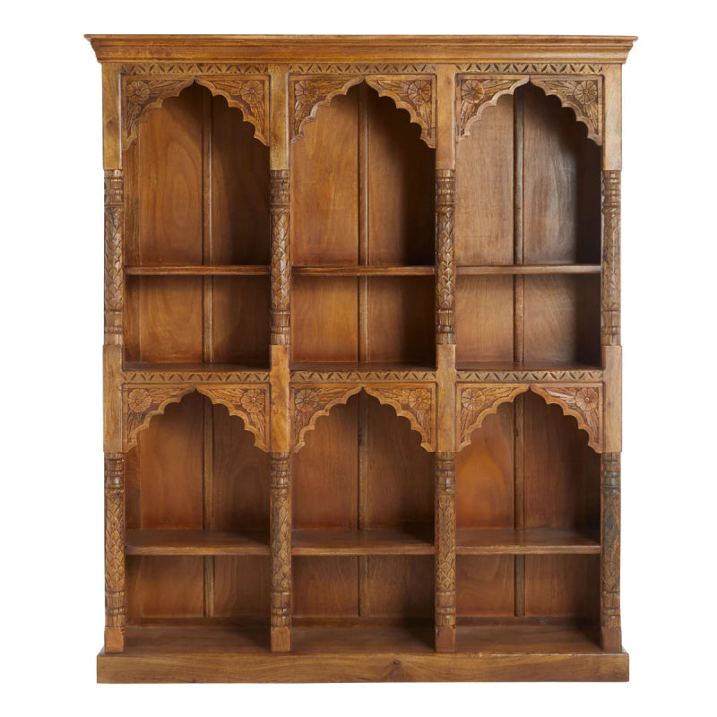 Hand Carved Wooden Bookshelf with 12 Shelves - Rustic Home Office Decor for Books, Plants & Display Items