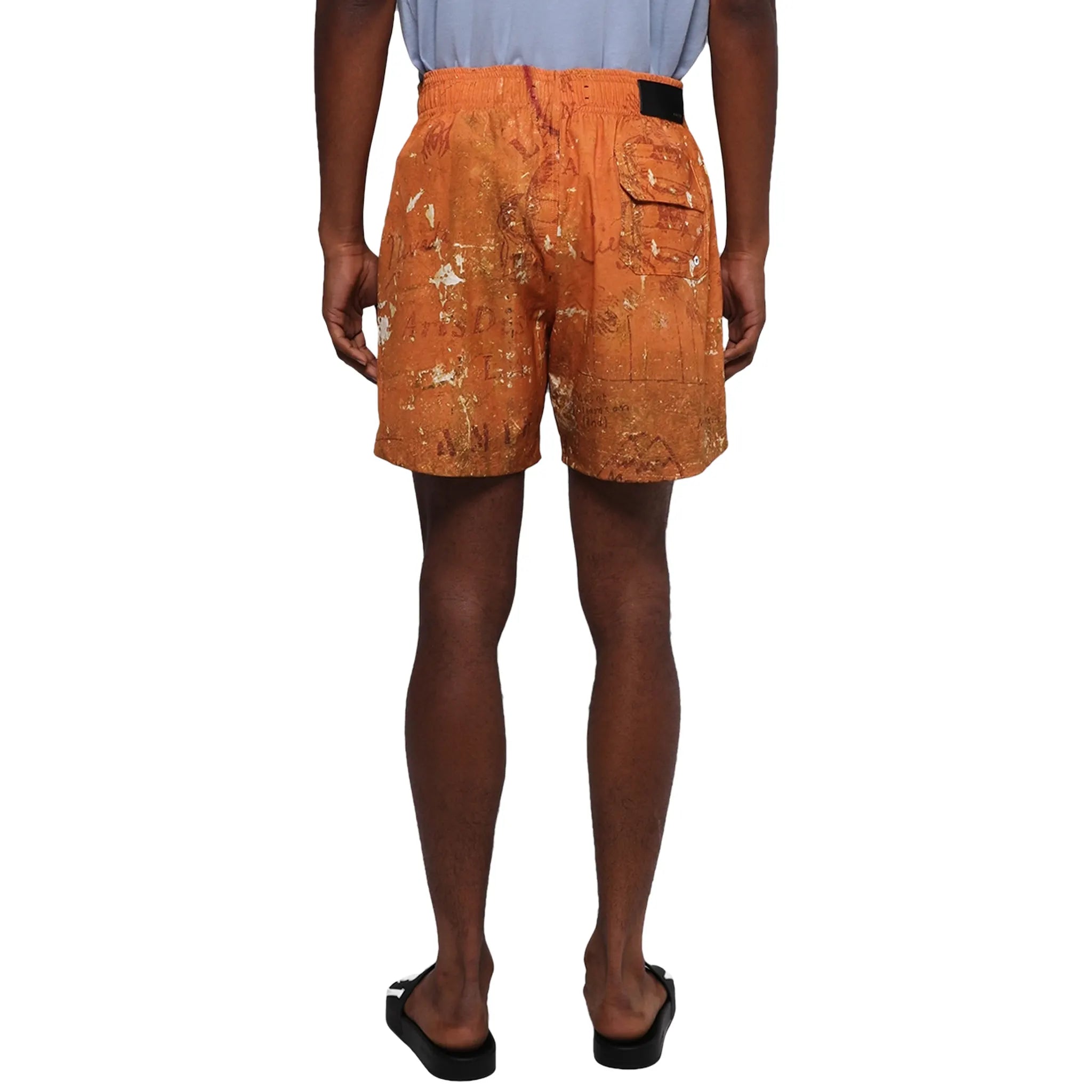 Amiri Stencil Military Orange Swim Shorts for Men - Quick-Dry Beach Swimwear with Comfortable Fit - Perfect for Swimming, Surfing, and Summer Vacations