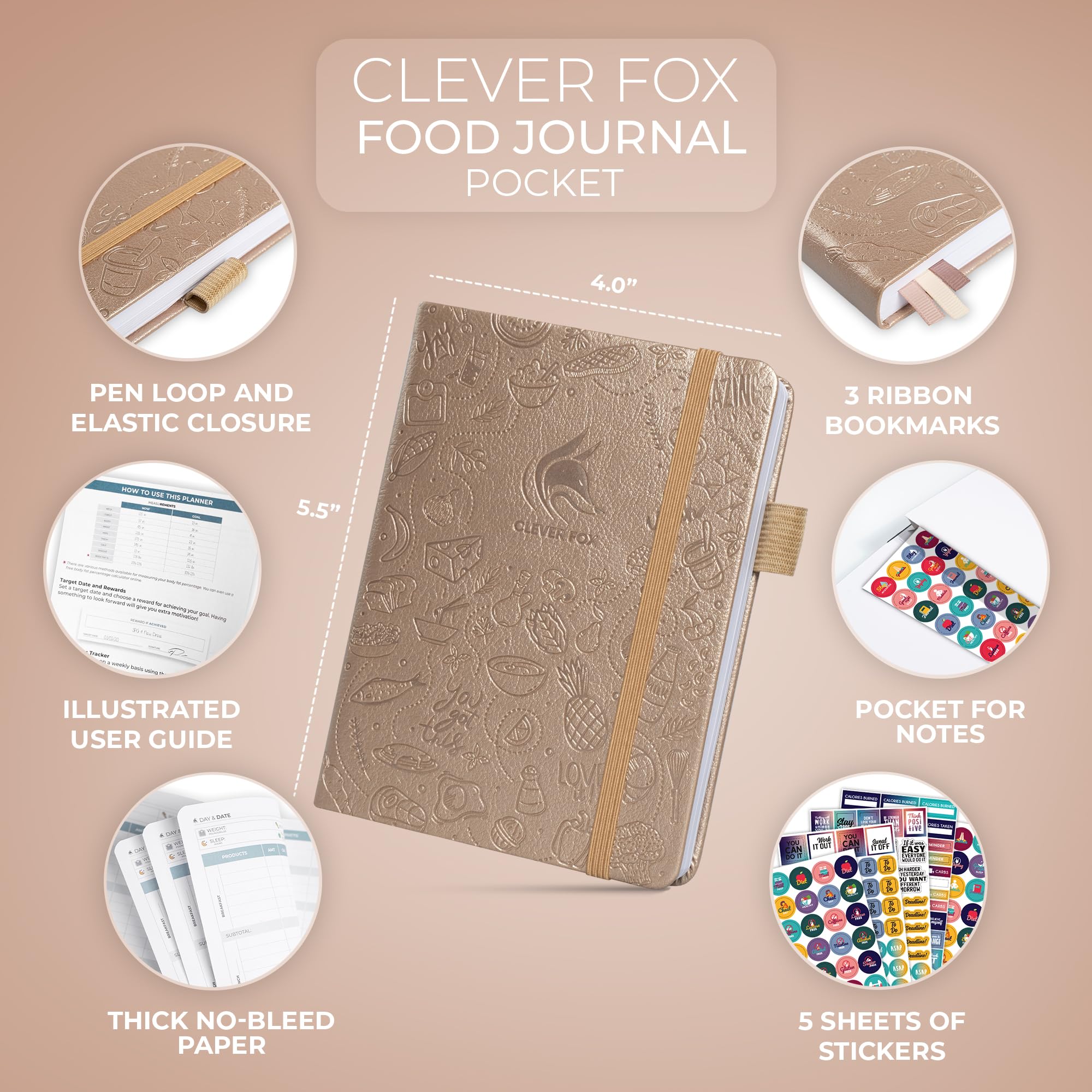 Clever Fox Food Journal Pocket - 4x5.5” Daily Food Diary & Meal Planner to Track Calories, Nutrients & Weight Loss | Compact Nutrition Tracker Notebook (Pearl) | Perfect for Dieting, Fitness Goals & Healthy Eating Habits