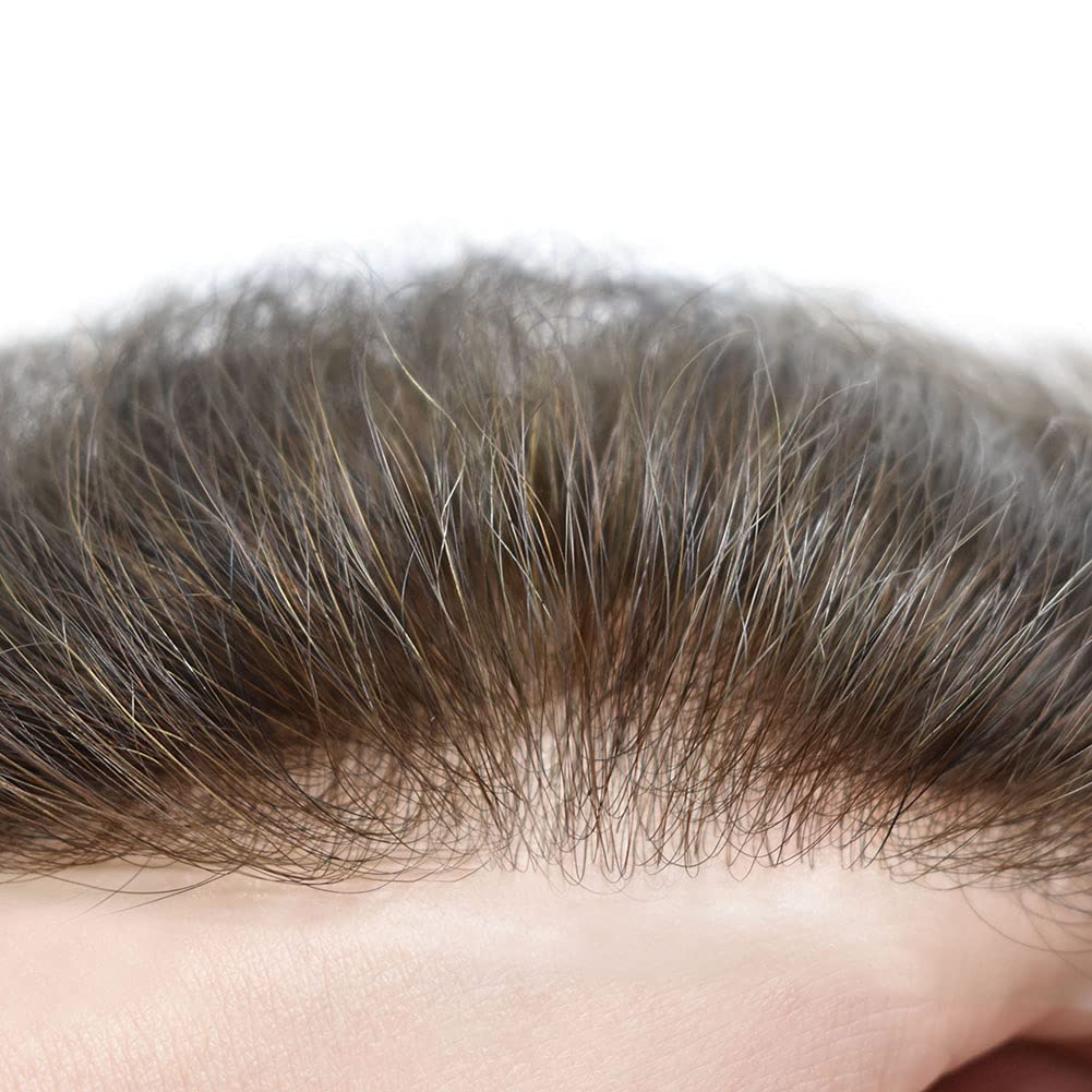 Undetectable 0.06-0.08mm Thin Skin PU V Loop Men's Toupee - 100% Human Hair Replacement System (Light to Medium Density, 540 Medium Light Brown with 40% Gray) - Perfect for Daily Wear, Special Occasions & Hair Loss Solutions