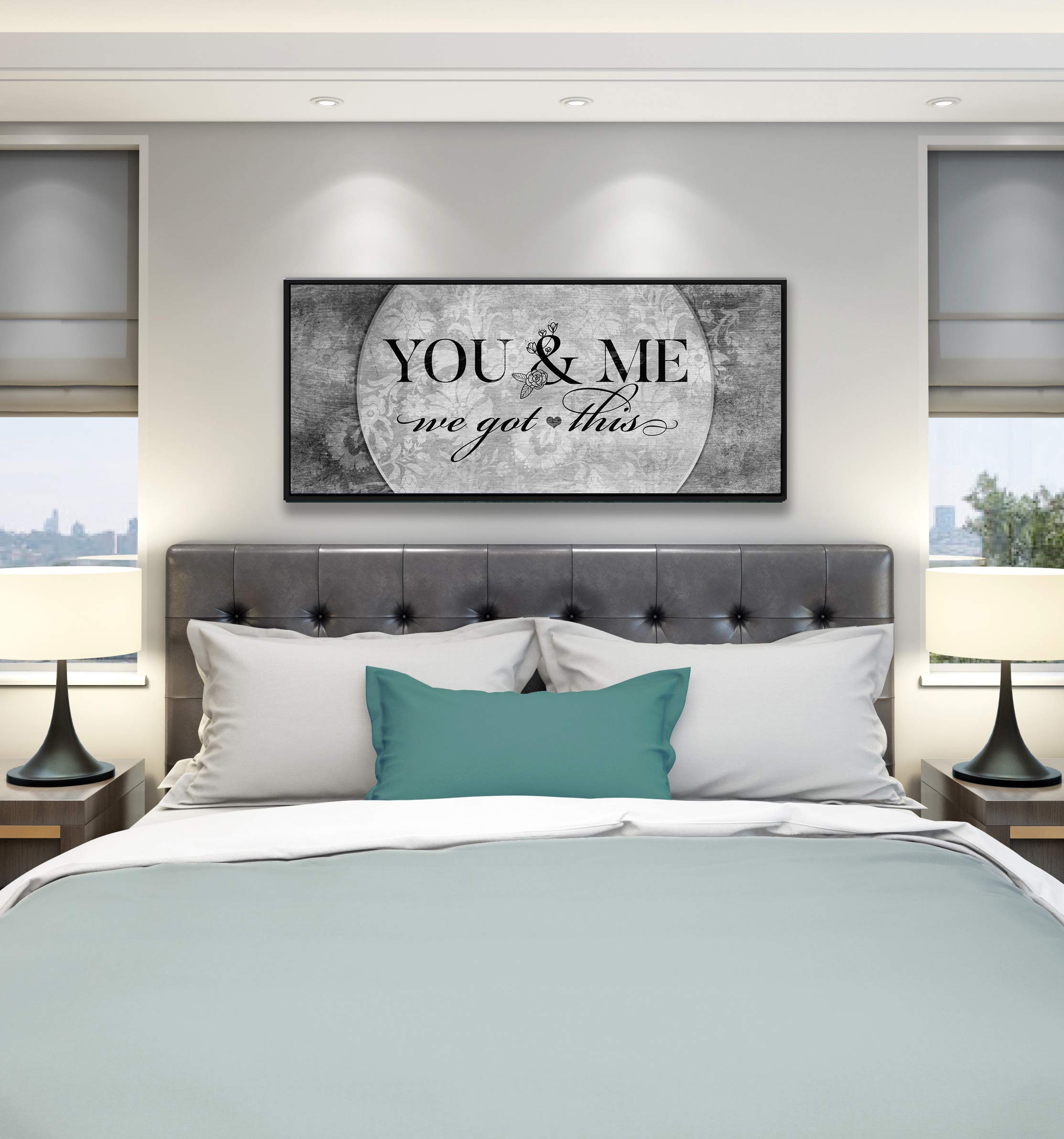 Above Bed Lovers Art - 'You & Me We Got This V5' Wood Framed Canvas - Rustic Bedroom Wall Decor for Couples - Ready to Hang Grey & Black Floating Frame (42x19 inches) - Perfect for Master Bedroom, Guest Room & Romantic Home Decor