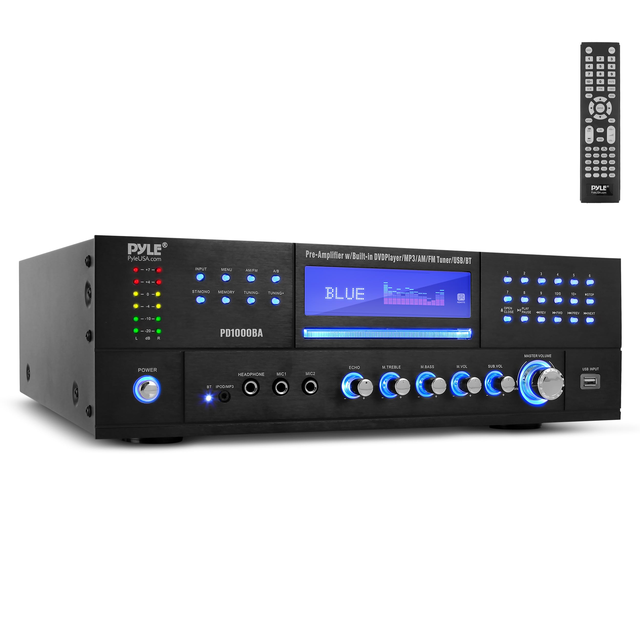 Pyle 4-Channel Wireless Bluetooth Power Amplifier - 1000W Stereo Speaker Home Audio Receiver with FM Radio, USB, Headphone Jack, 2 Microphones with Echo, CD DVD Player, LED Display, Rack Mount - Perfect for Home Theater, Karaoke Parties, and Professional DJ Setups