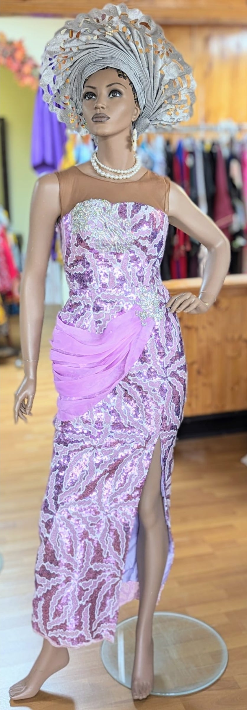 Elegant Lilac & Mauve African Sleeveless Lace Sequins Maxi Bustier Dress for Women - Perfect for Weddings, Parties & Special Occasions
