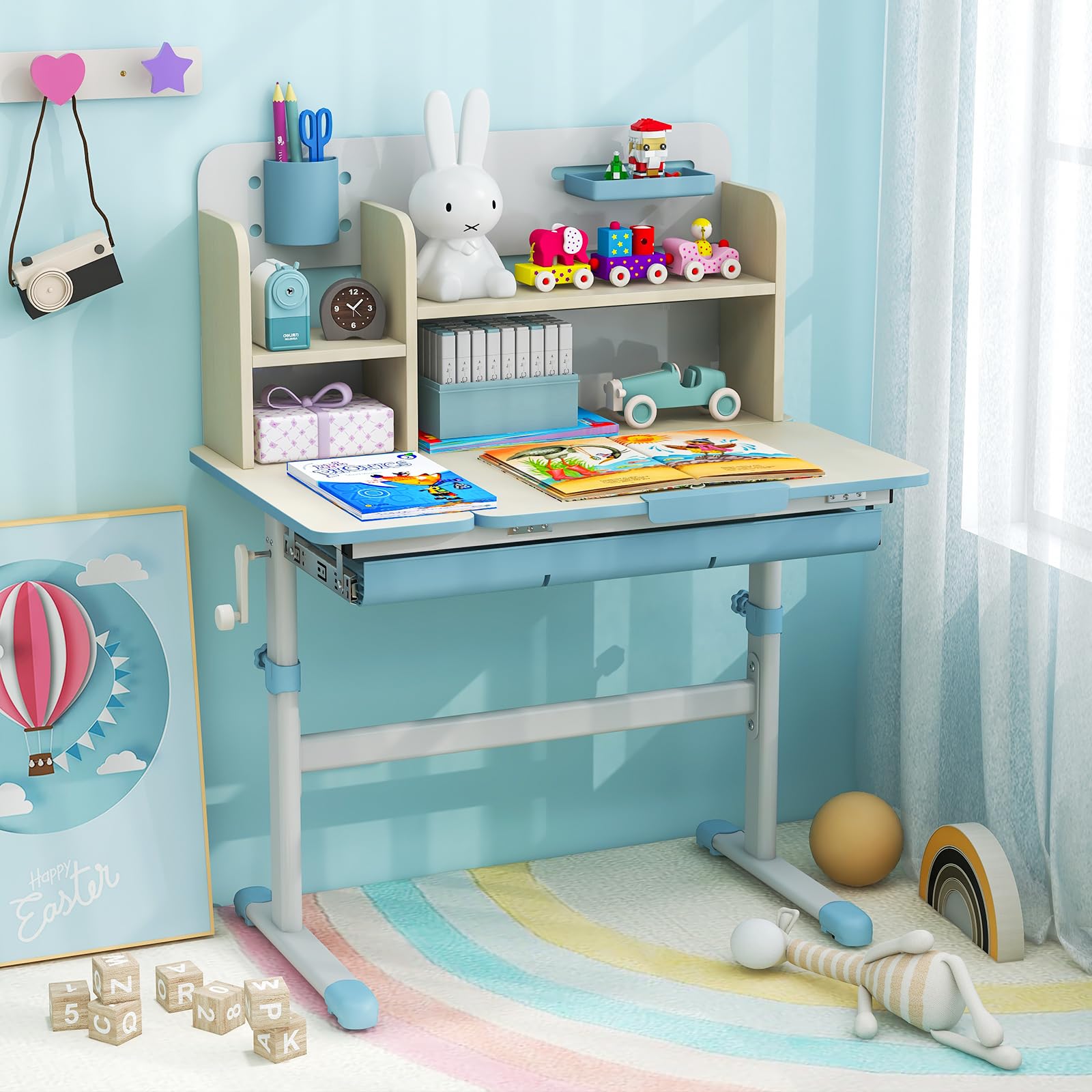 **Costzon Adjustable Kids Study Desk with Storage - Height Adjustable Children's School Desk, Tilt Desktop, Pen Holder & Ruler - Perfect for Homeschooling, Online Learning & Homework (Blue)**