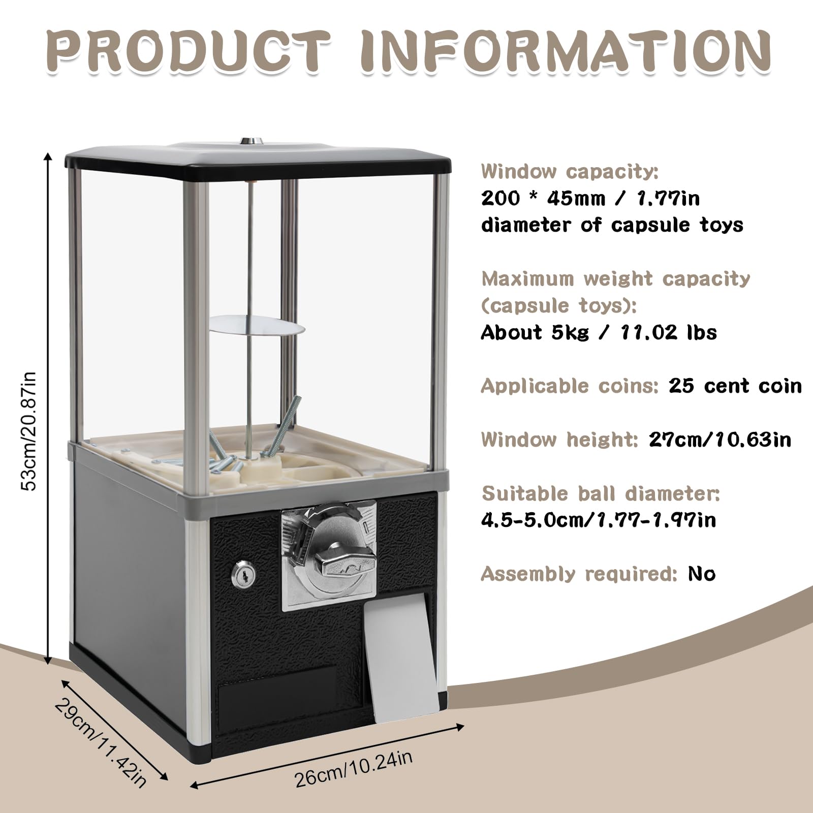25 Cent Coin Operated Vending Machine - Commercial Gumball & Toy Capsule Dispenser for Candy, Nuts, Prizes - Perfect for Arcades, Retail Stores, and Birthday Parties (Black)