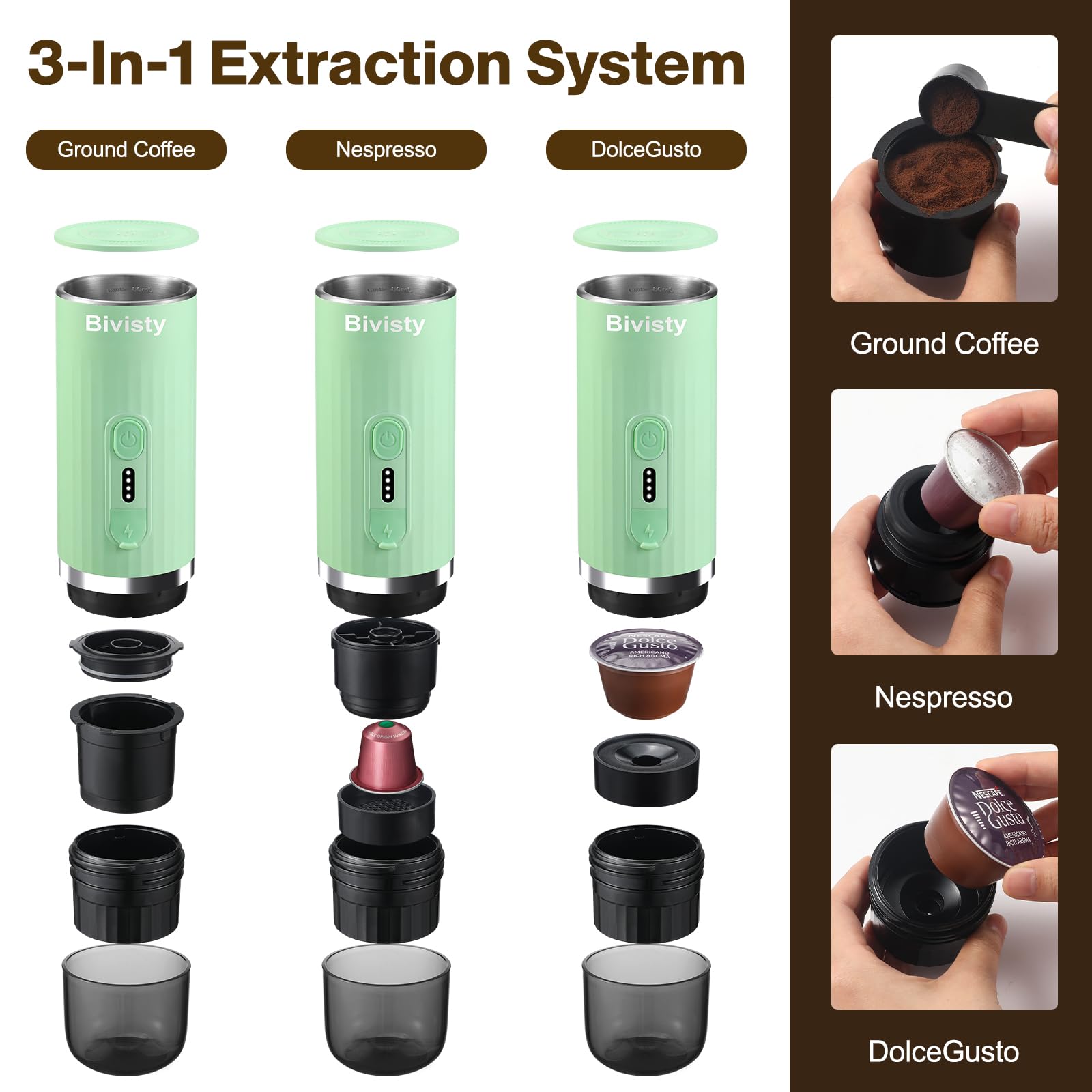 Portable Espresso Maker - Wireless Self-Heating Mini Coffee Machine with 80ml Water Tank, Compatible with Nespresso & Dolce Gusto Pods - Perfect for Travel, Camping, Hiking, Office & Home Use (Green)