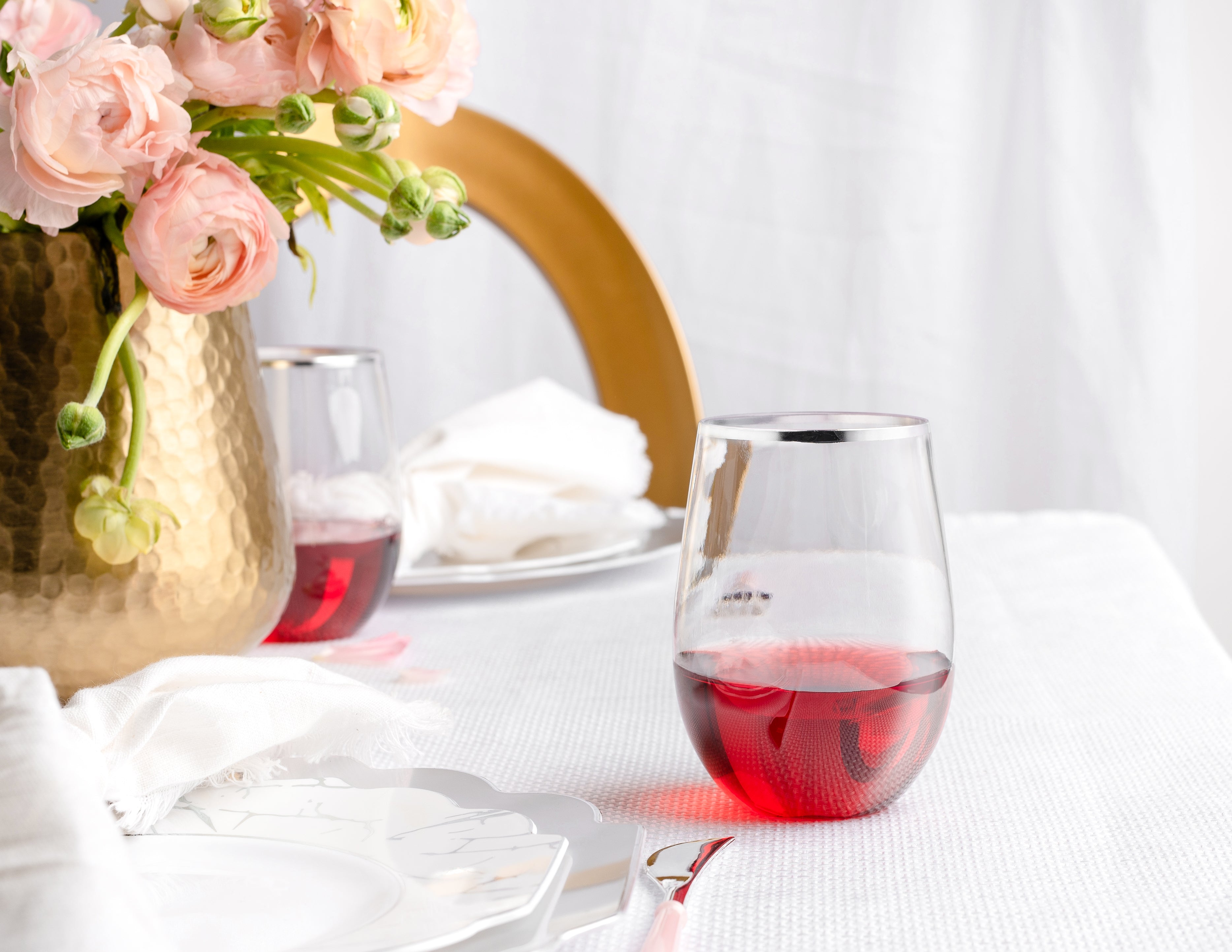 16 oz. Clear Stemless Wine Glasses with Silver Rim - Set of 6 | Shatterproof & Dishwasher Safe | Perfect for Parties, Weddings, and Home Entertaining