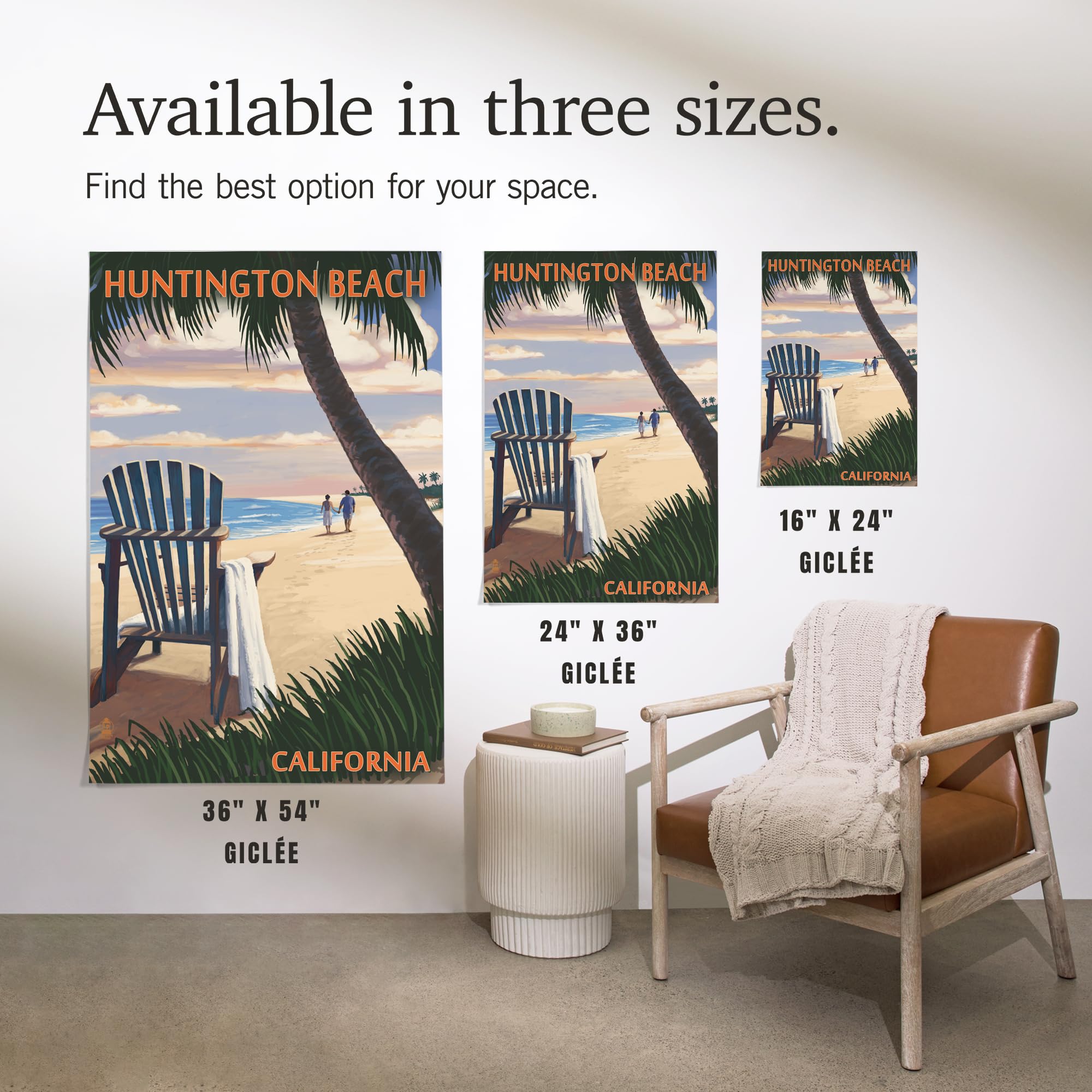 Lantern Press 36x54 Inch Giclee Art Print - Huntington Beach California Sunset with Adirondack Chairs - Premium Wall Decor for Living Room, Bedroom & Office