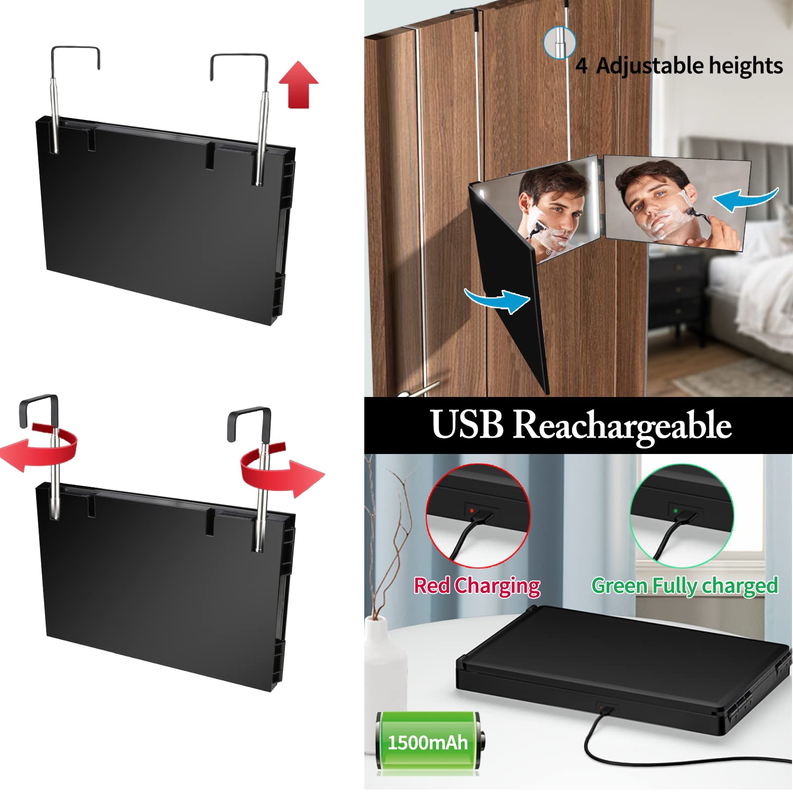 360° LED Lighted Trifold Mirror for Hair Cutting, Makeup & Styling - Rechargeable 3-Way Barber Mirror with Adjustable Angles, Perfect for Home Salon, Professional Styling & Unique Gifts for Men/Women