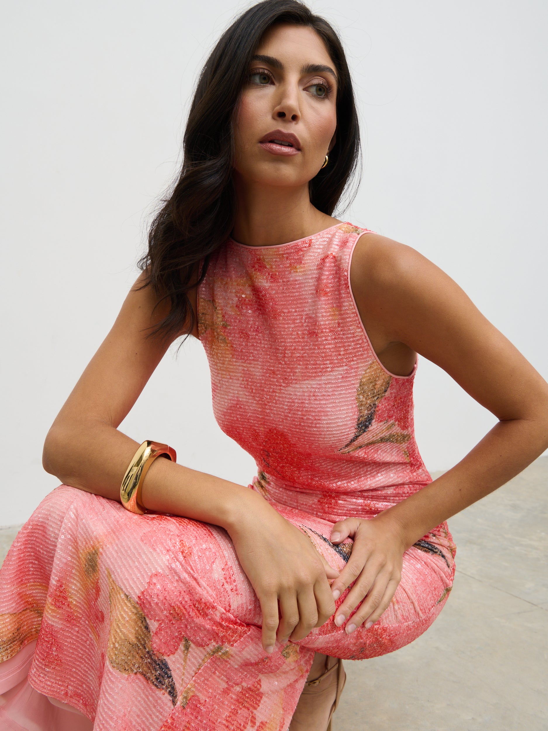 Lilou Printed Sequin Midaxi Dress - Orange Floral Party Dress for Women, Elegant Evening Gown for Cocktail Parties, Weddings & Special Occasions