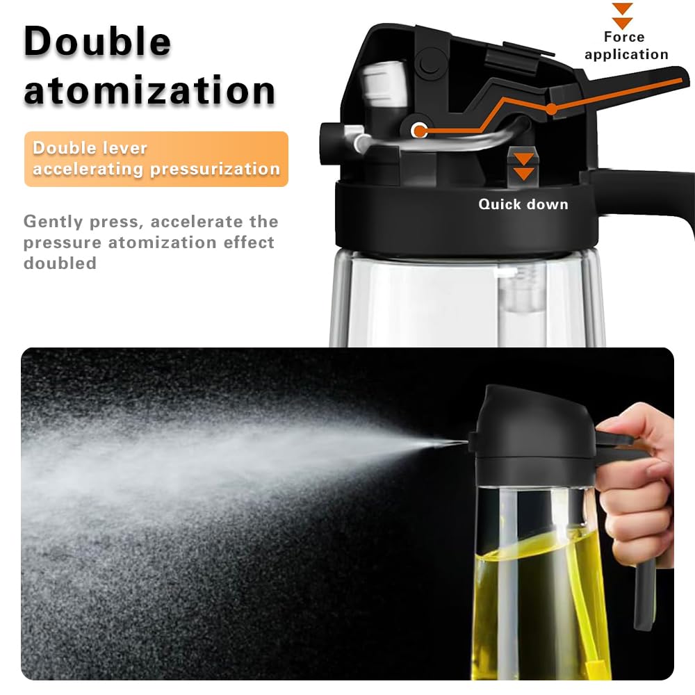 MGahyi 2-in-1 Glass Oil Sprayer & Dispenser - 470ml Kitchen Essential for Healthy Cooking | Perfect for Salad Dressing, Baking, Frying & Grilling | BPA-Free, Leak-Proof & Easy to Use (Black)