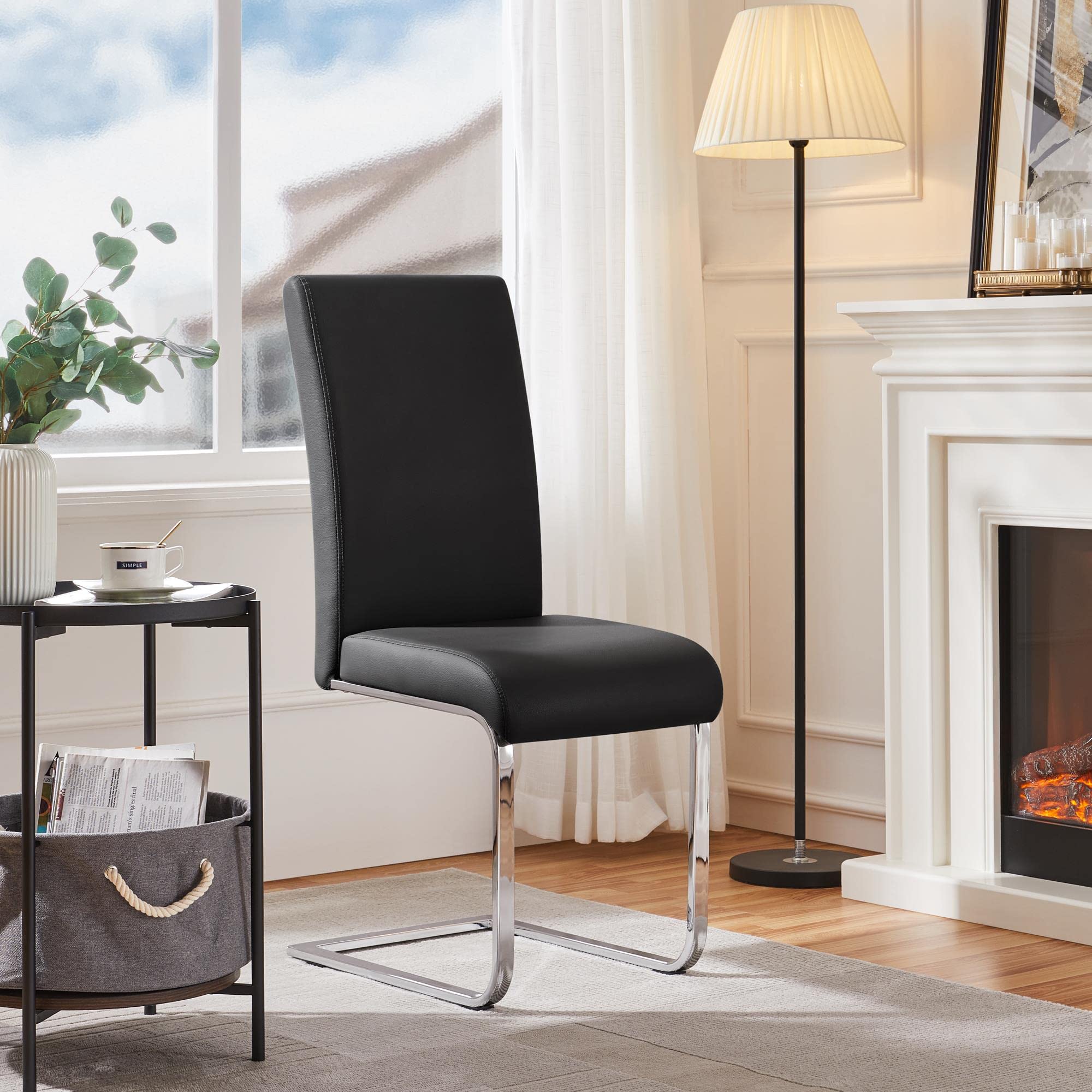 Premium PVC Leather Dining Chairs Set of 2 - Modern Kitchen & Living Room Chairs with Padded Seat & Sturdy Metal Legs - Black - Perfect for Home Dining, Kitchen Breakfast Nook & Small Space Apartments