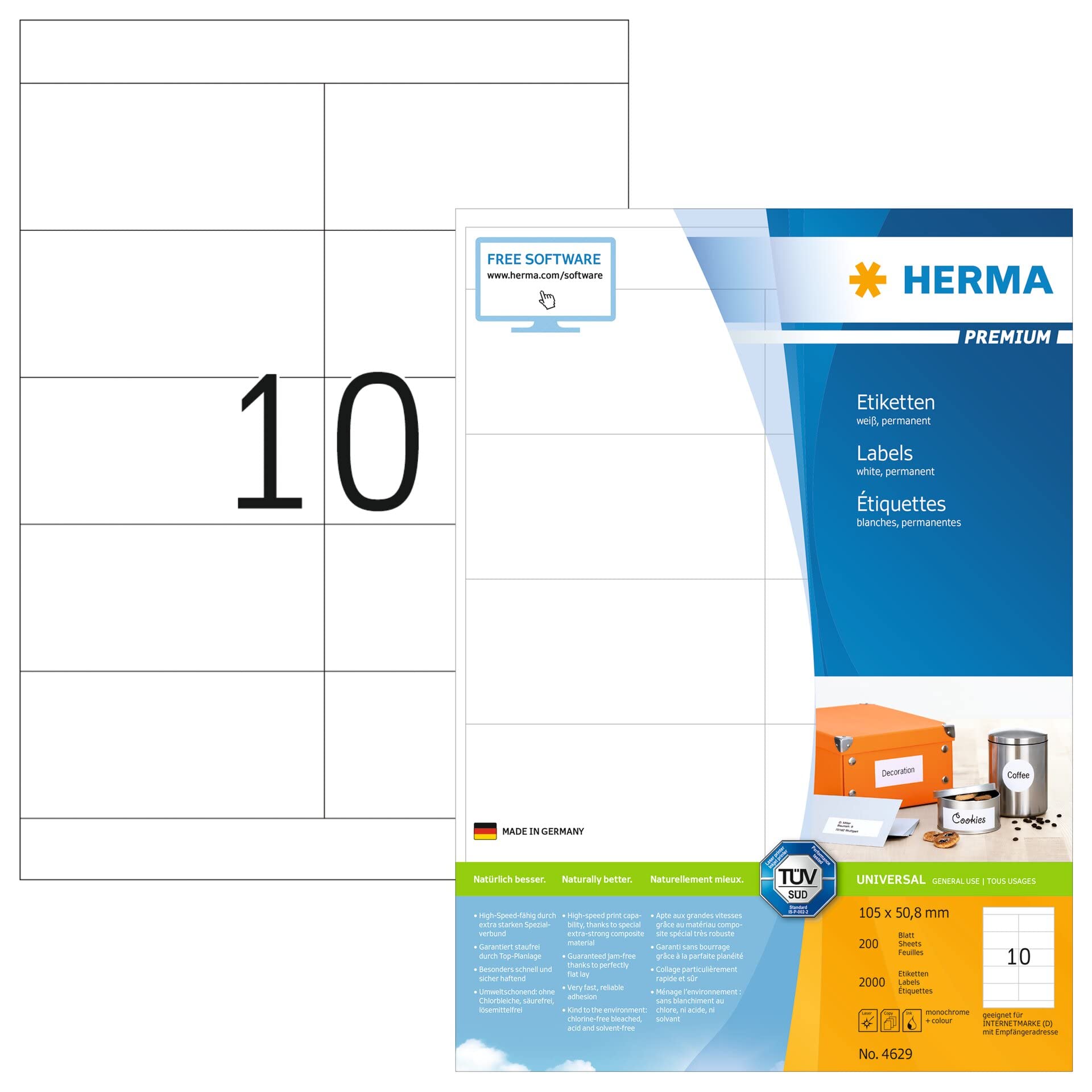 HERMA Self Adhesive Multipurpose Labels - 2000 Blank White Stickers (105x50.8mm), 10 Labels per A4 Sheet, 200 Sheets - Compatible with Laser & Inkjet Printers - Perfect for Shipping, Mailing, Organizing & Product Labeling