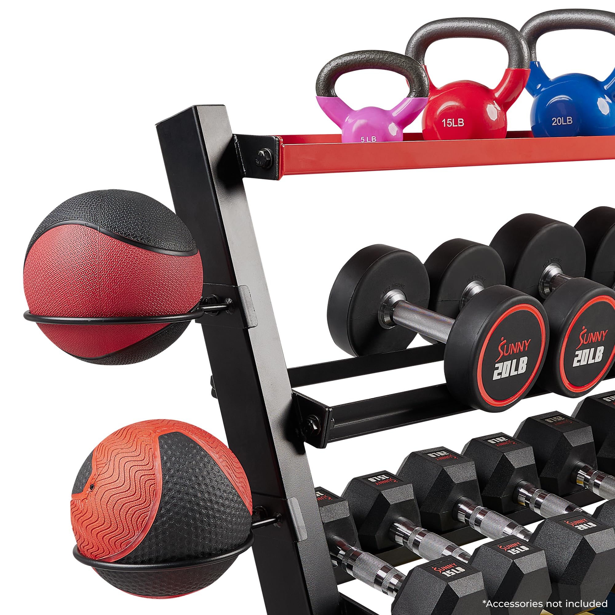 Sunny Health & Fitness Multi-Weight Storage Rack Stand - Organize Dumbbells, Kettlebells, Olympic Plates & Barbells - Perfect for Home Gym & Garage Workouts